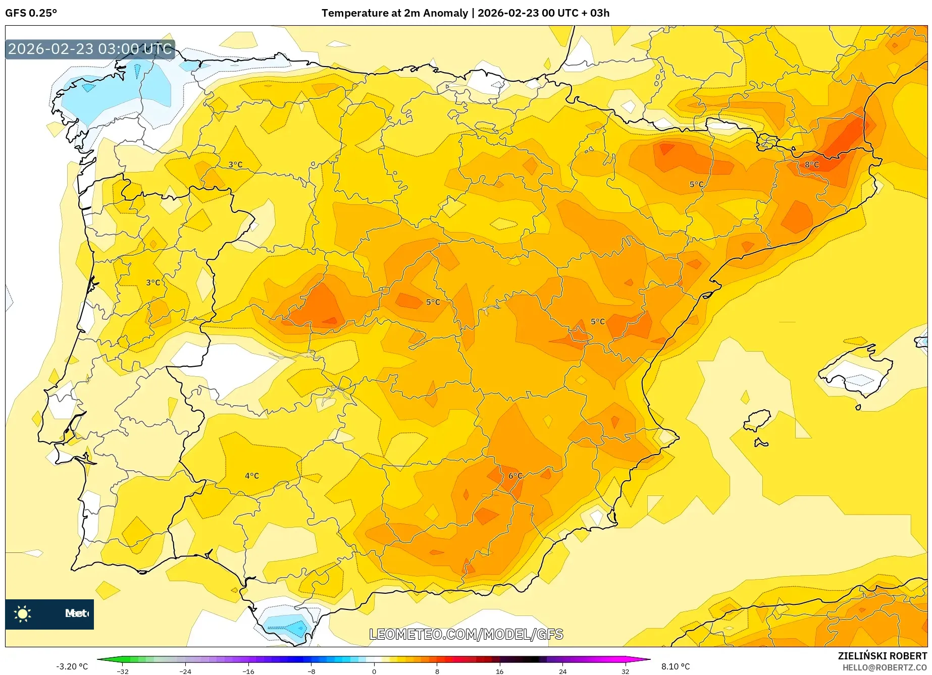 GFS model - إسبانيا, انحراف درجة الحرارة 2 م