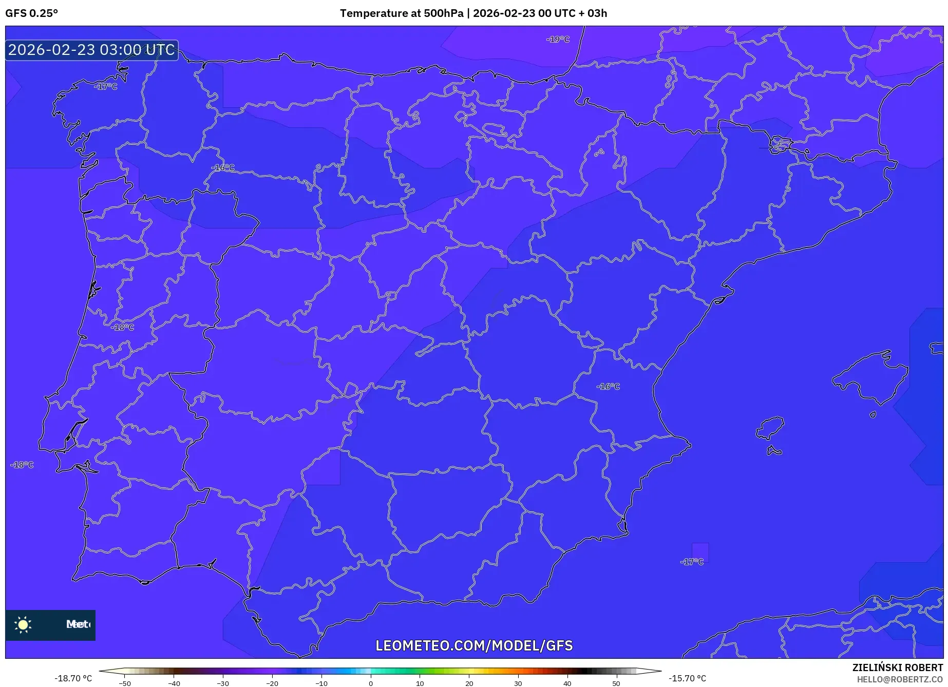 GFS model - إسبانيا, درجة الحرارة 500 hPa