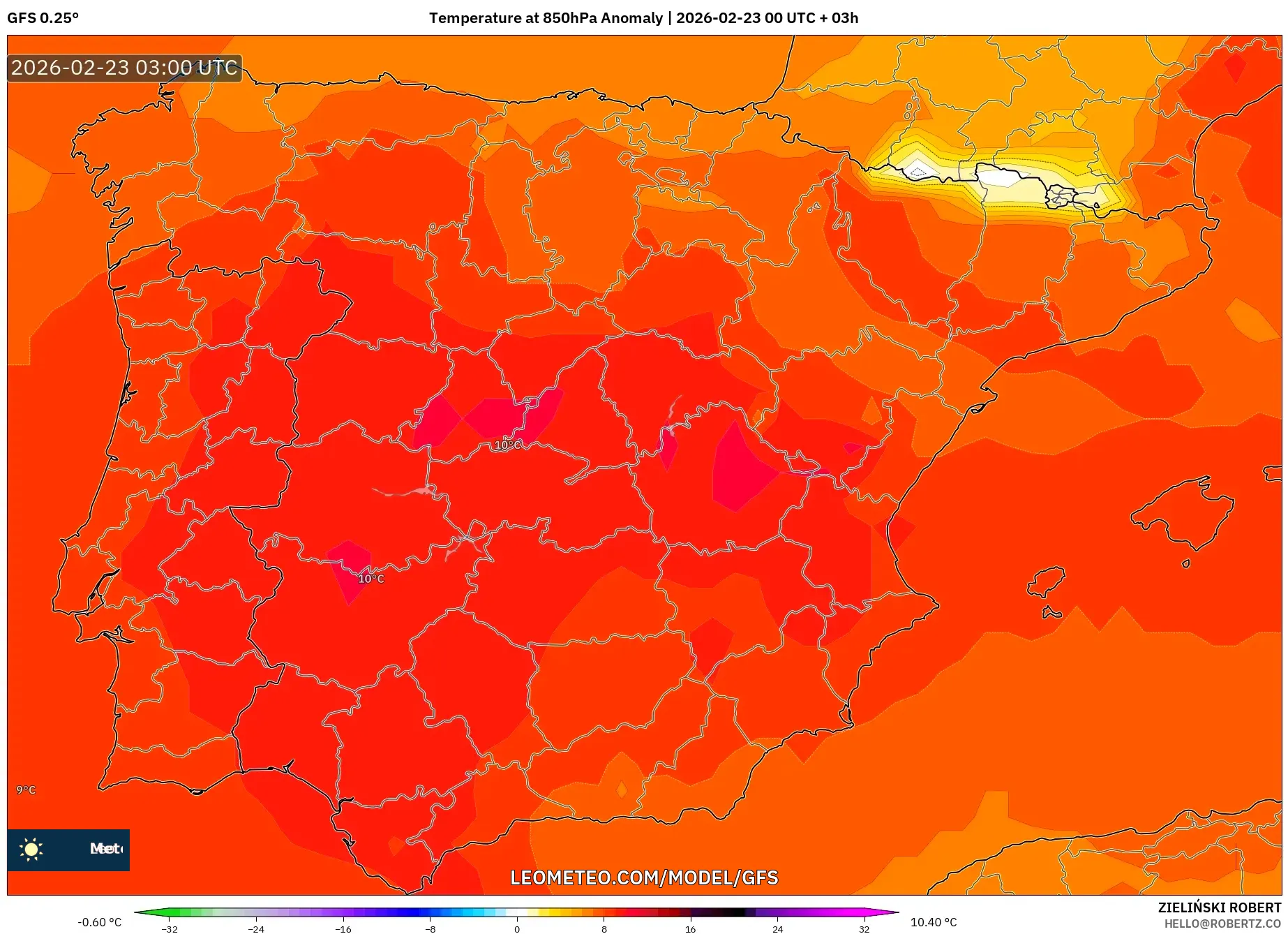 GFS model - إسبانيا, انحراف درجة الحرارة 850 hPa