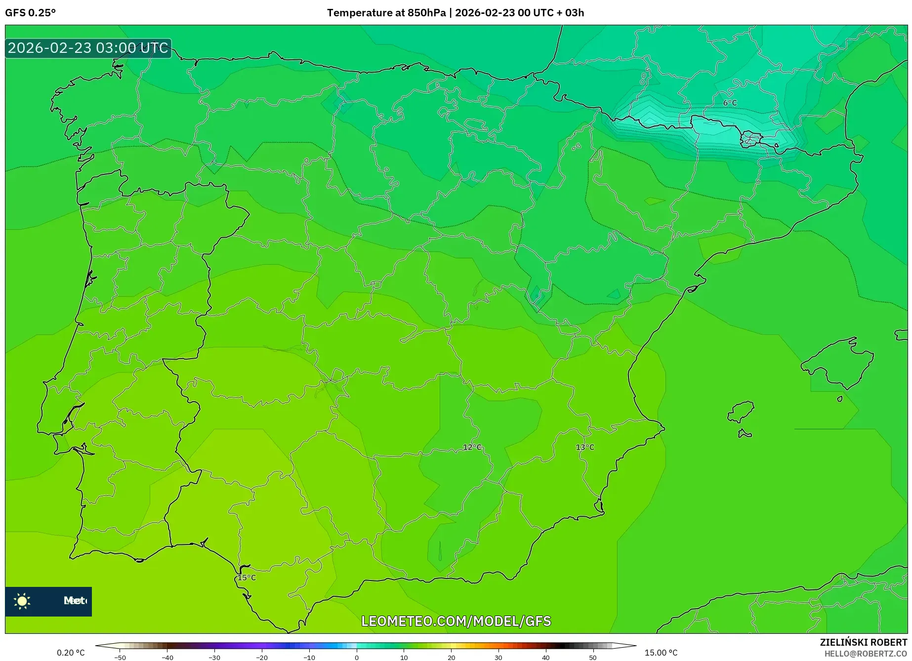 GFS model - إسبانيا, درجة الحرارة 850 hPa