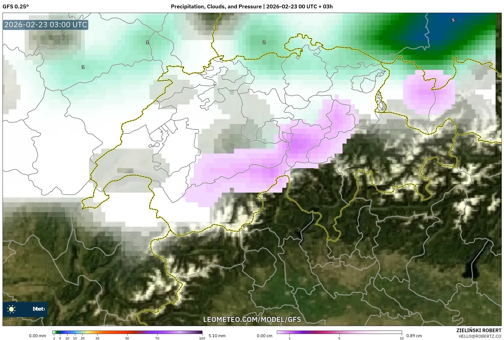 GFS model - Switzerland, Precipitation, Clouds, and Pressure