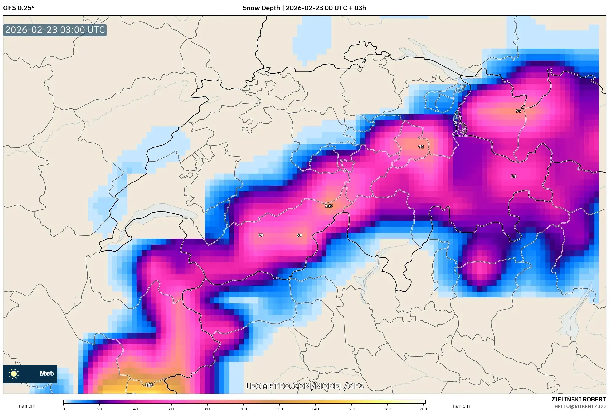 GFS model - سويسرا, عمق الثلج
