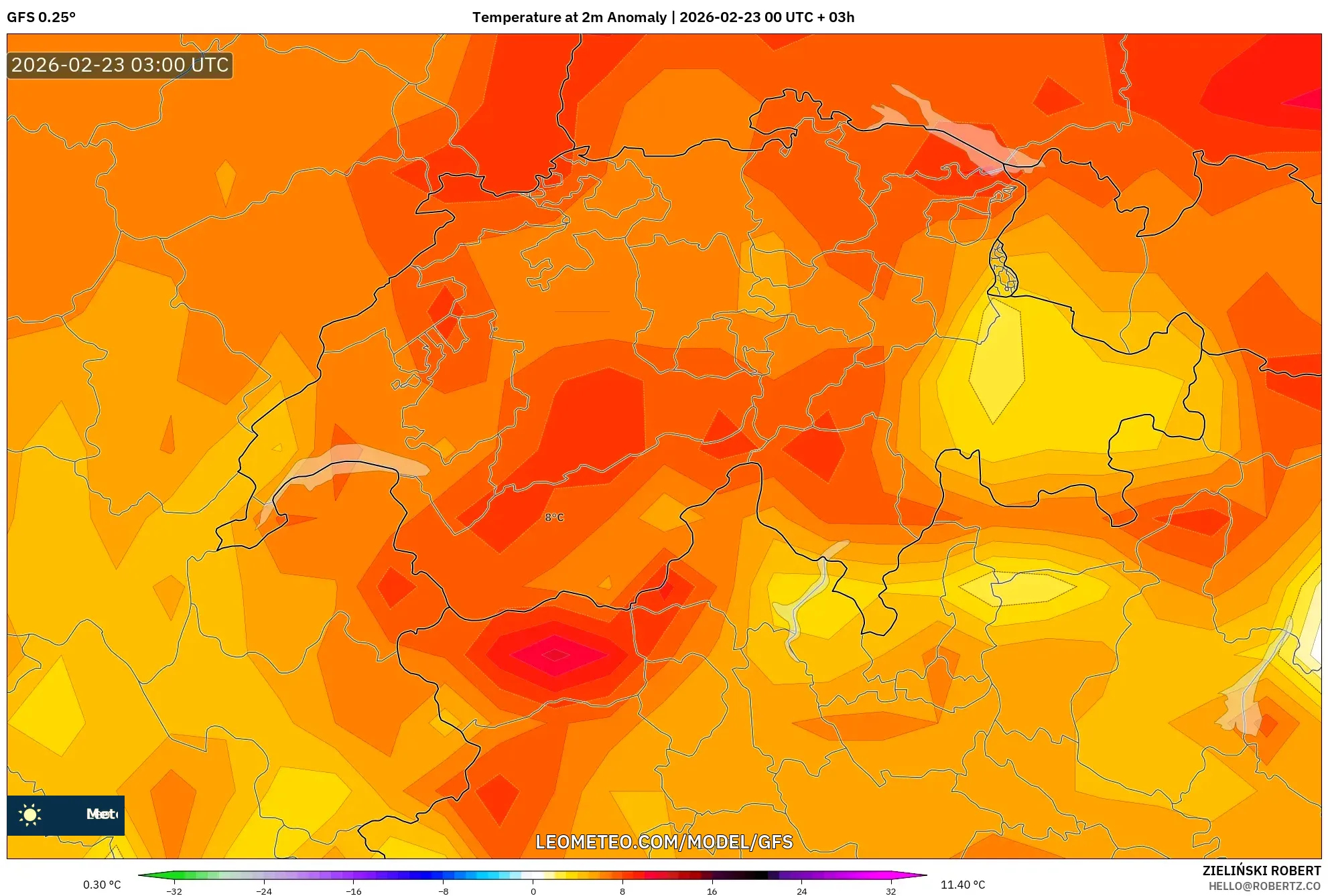 GFS model - سويسرا, انحراف درجة الحرارة 2 م