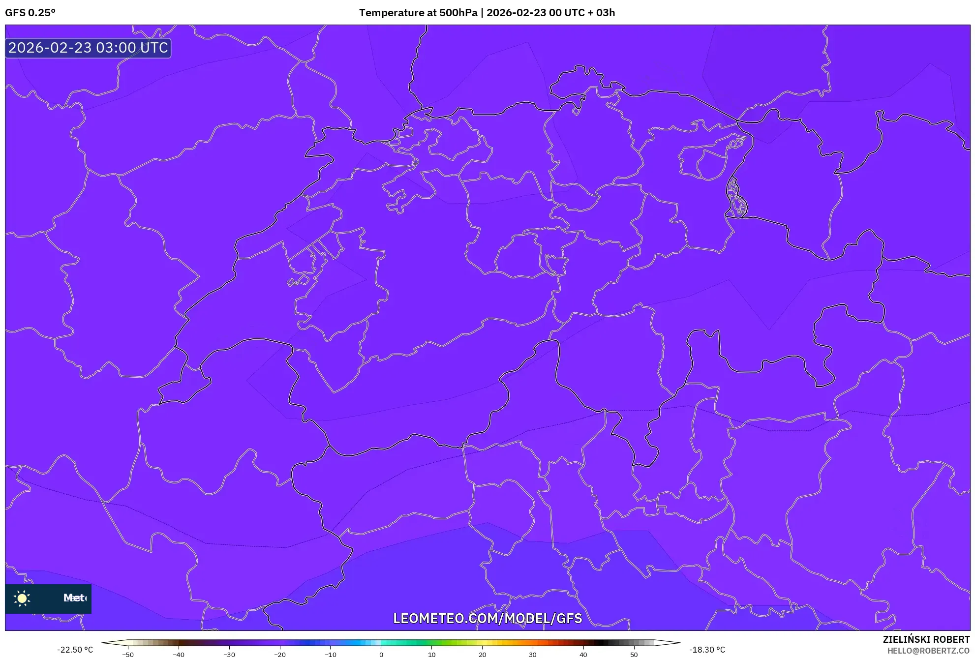 GFS model - سويسرا, درجة الحرارة 500 hPa