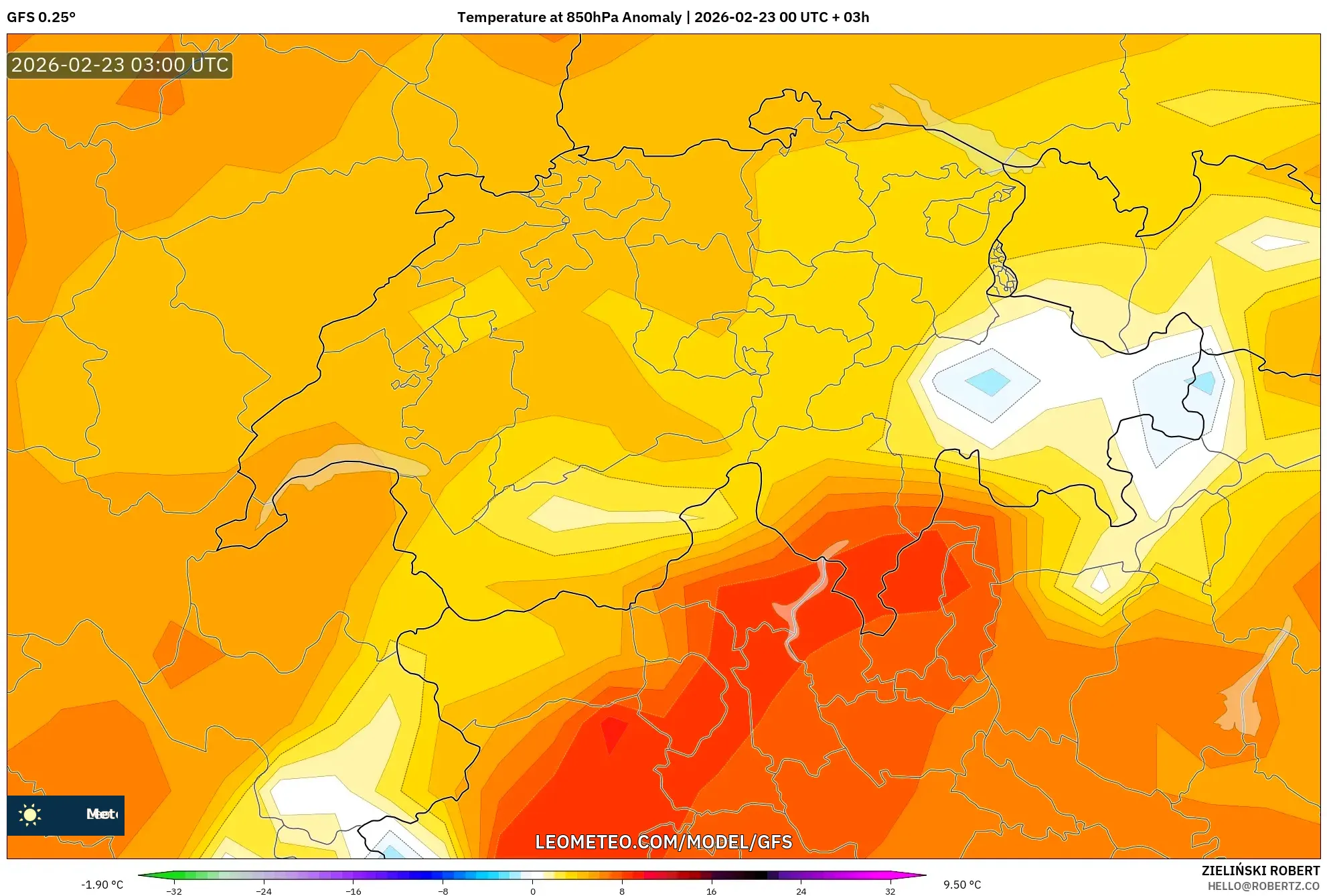 GFS model - سويسرا, انحراف درجة الحرارة 850 hPa