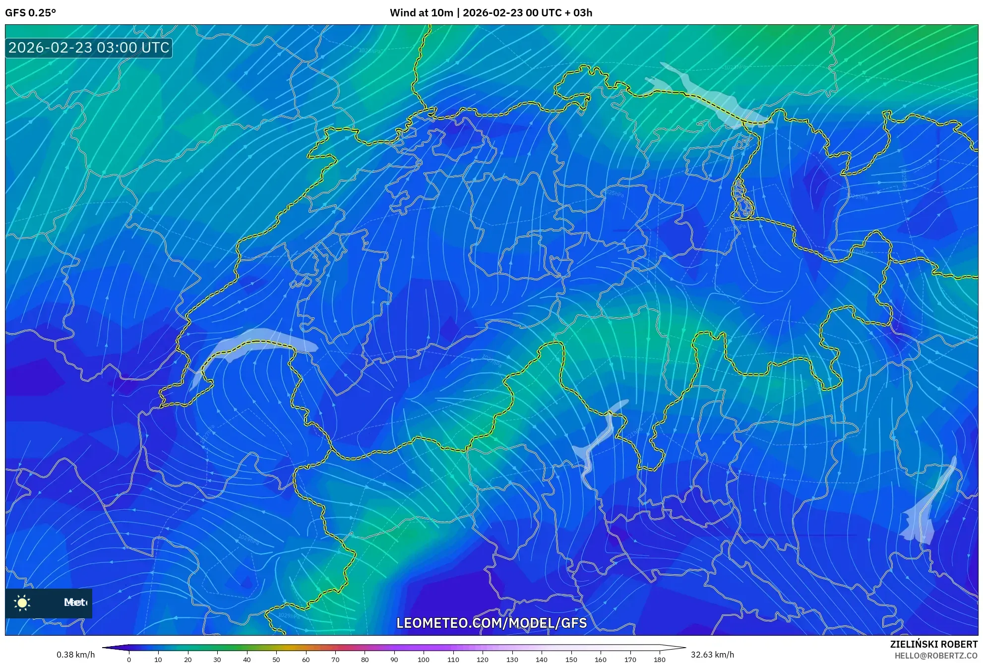 GFS model - سويسرا, رياح 10 م