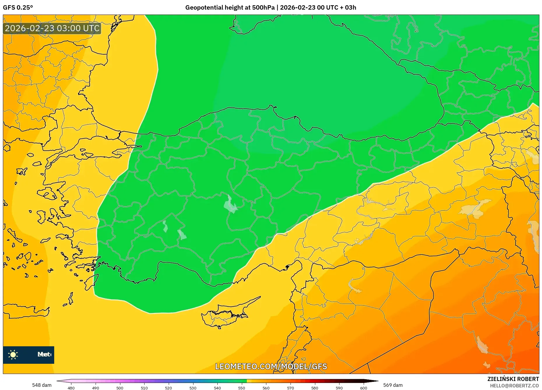GFS model - تركيا, الارتفاع الجهدي عند 500 هكتوباسكال