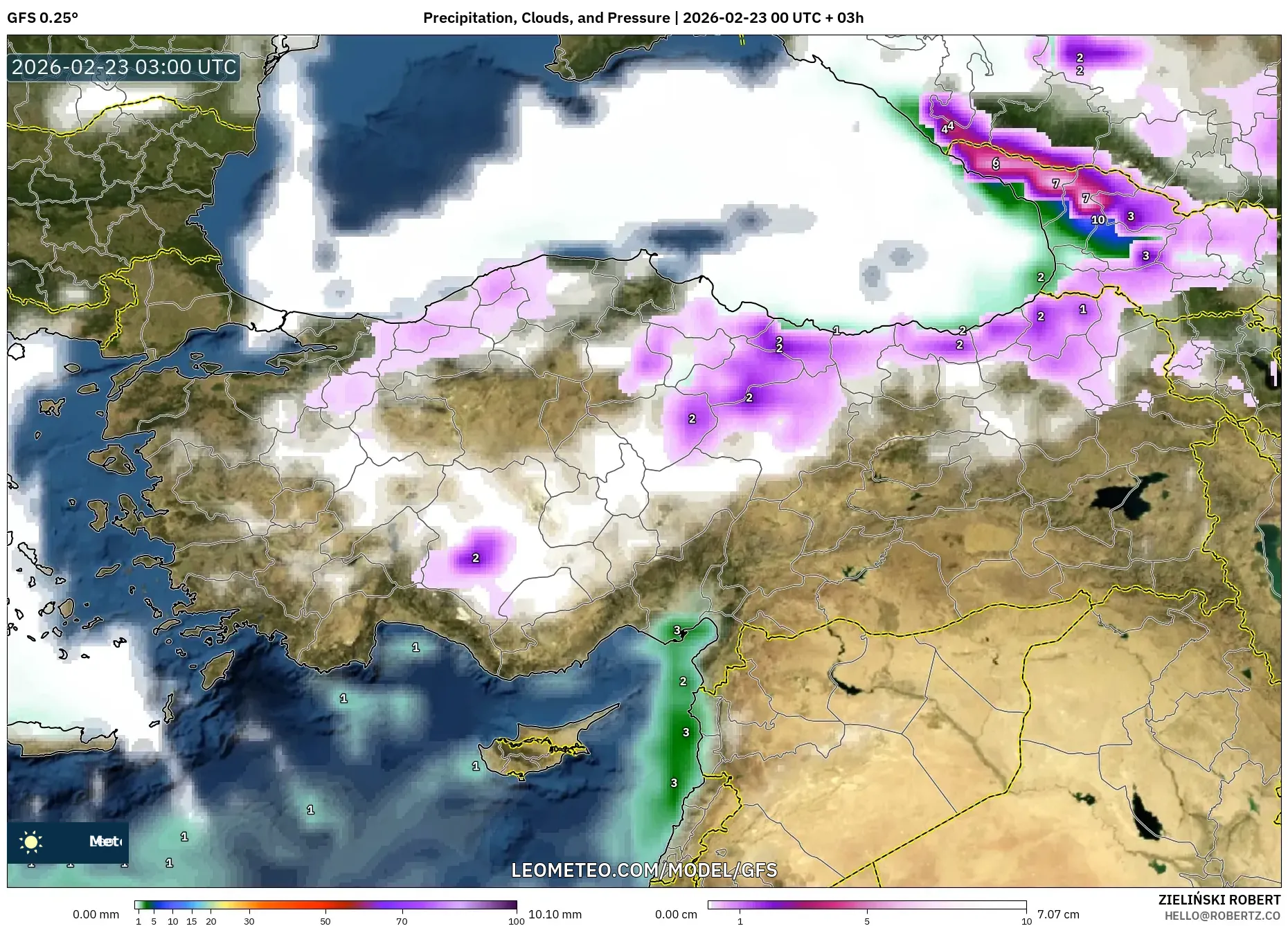 GFS model - تركيا, الهطول والغيوم والضغط