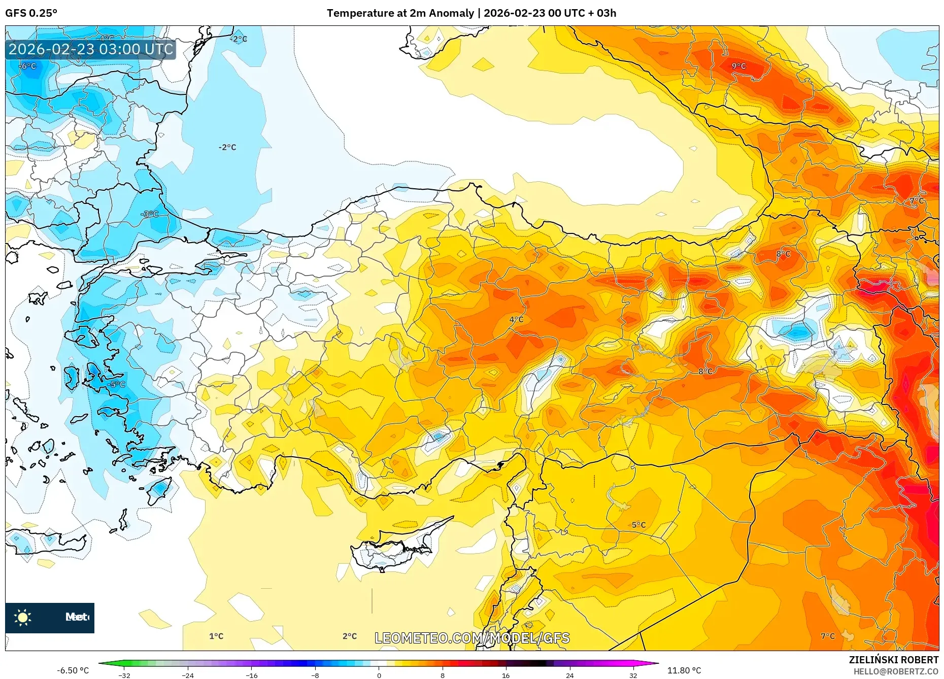 GFS model - تركيا, انحراف درجة الحرارة 2 م