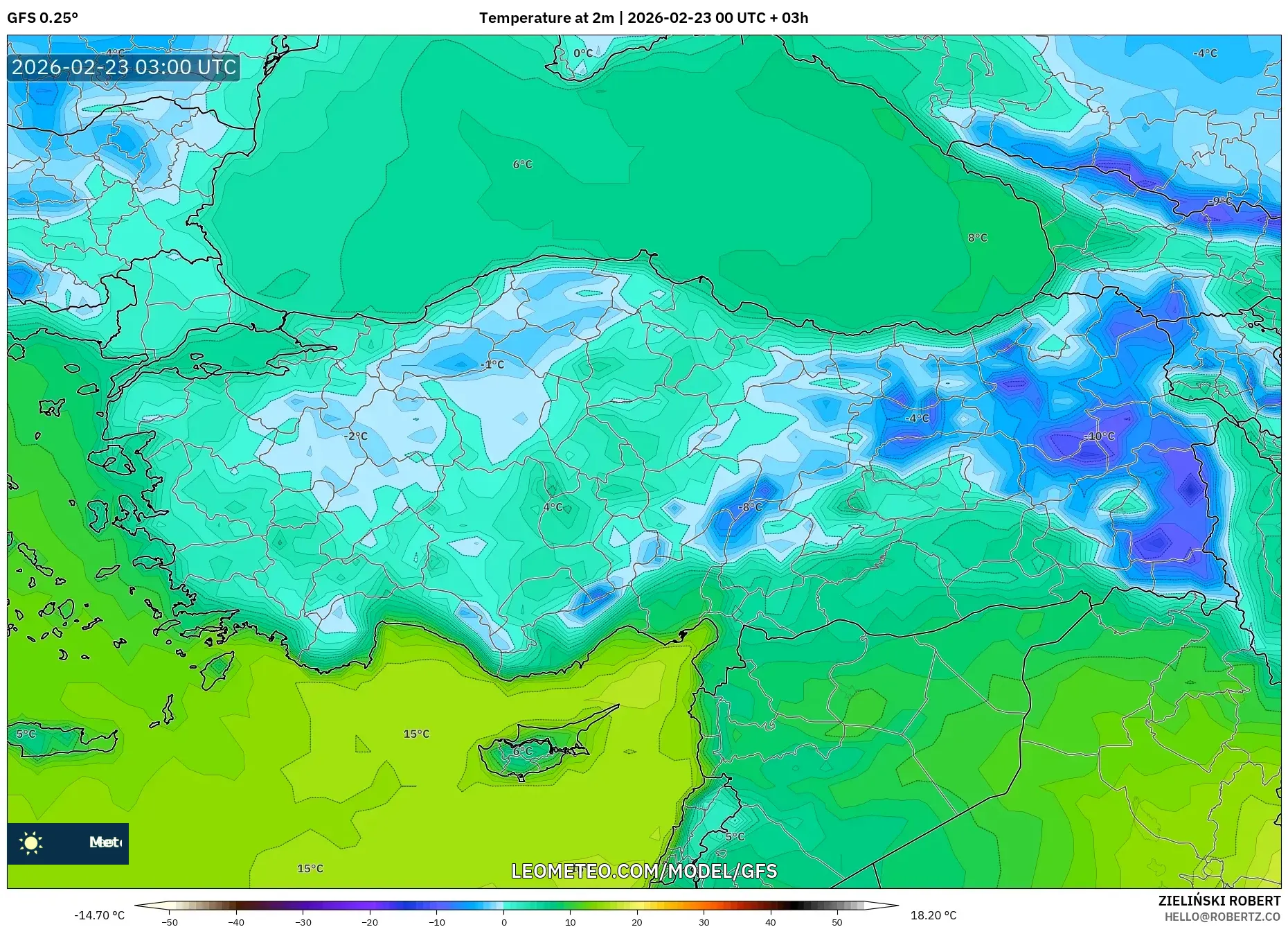GFS model - تركيا, درجة الحرارة على ارتفاع 2 م