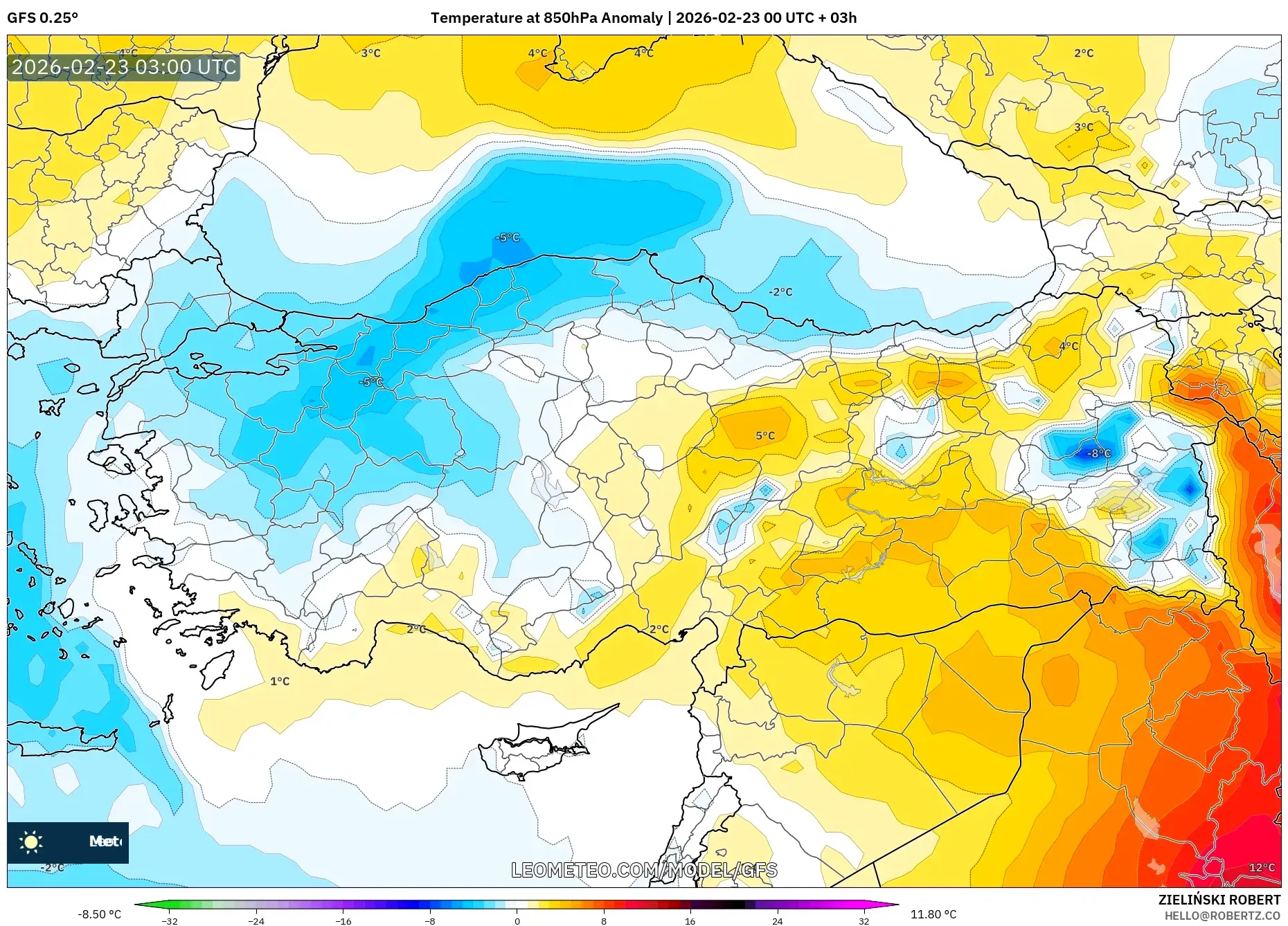 GFS model - تركيا, انحراف درجة الحرارة 850 hPa