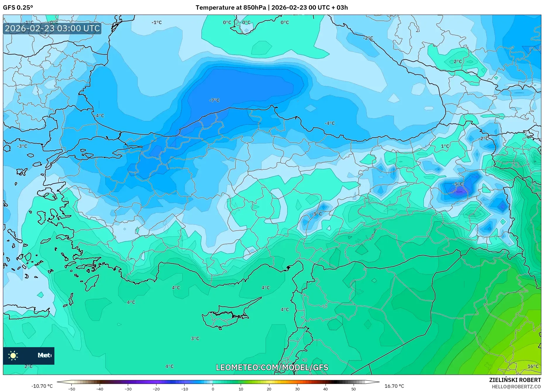 GFS model - تركيا, درجة الحرارة 850 hPa