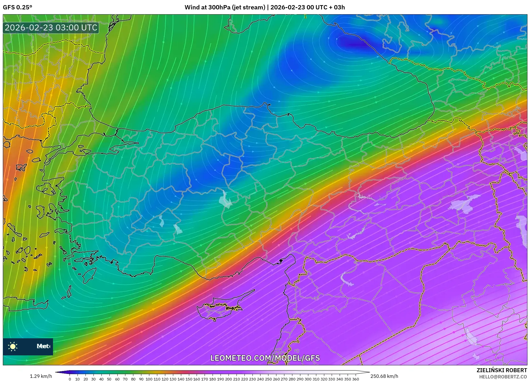 GFS model - تركيا, رياح 300 hPa (تيار نفاث)