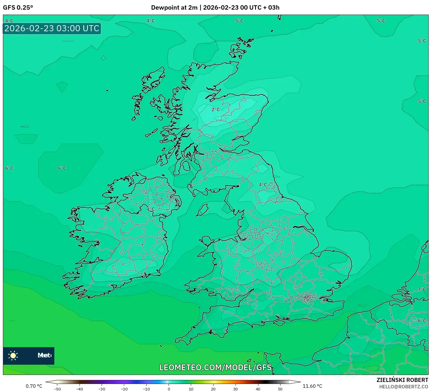 GFS model - المملكة المتحدة, نقطة الندى 2 م