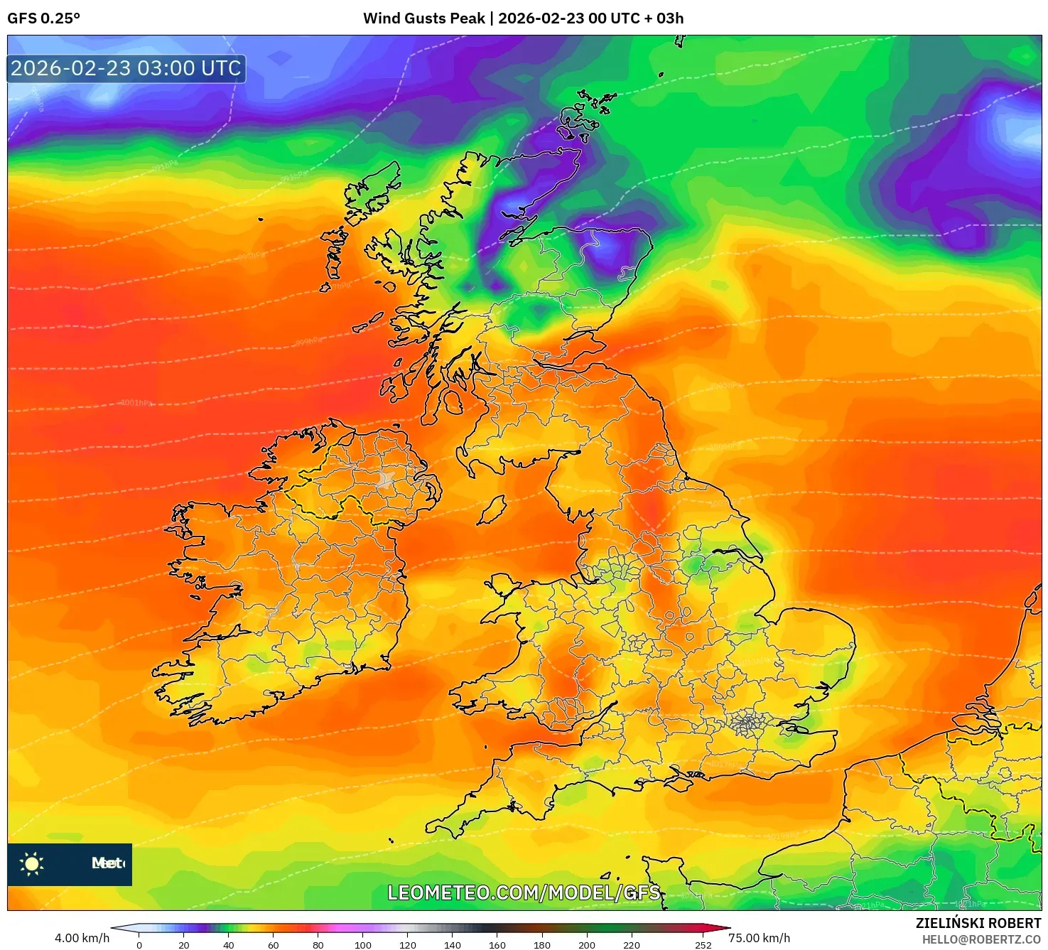 GFS model - المملكة المتحدة, أقصى هبة