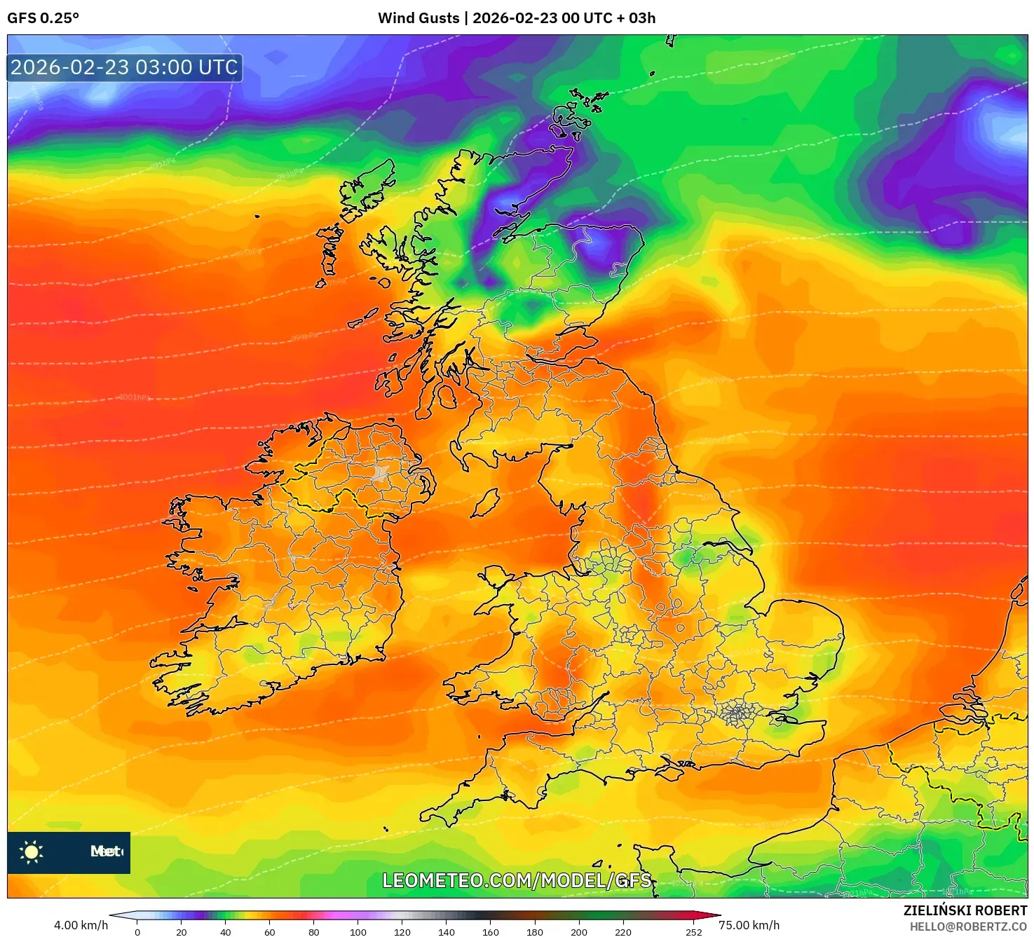 GFS model - المملكة المتحدة, هبات الرياح
