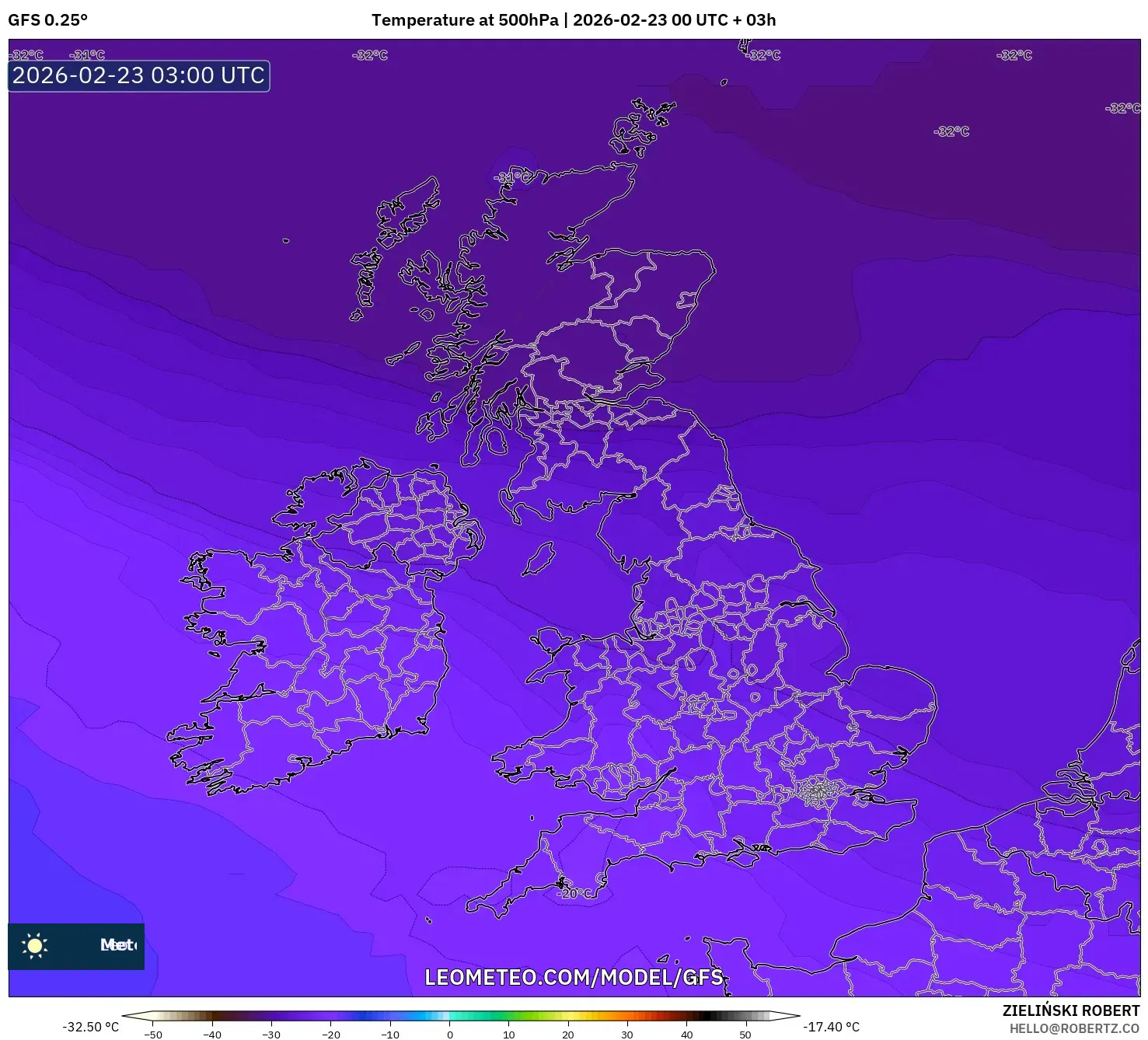 GFS model - المملكة المتحدة, درجة الحرارة 500 hPa