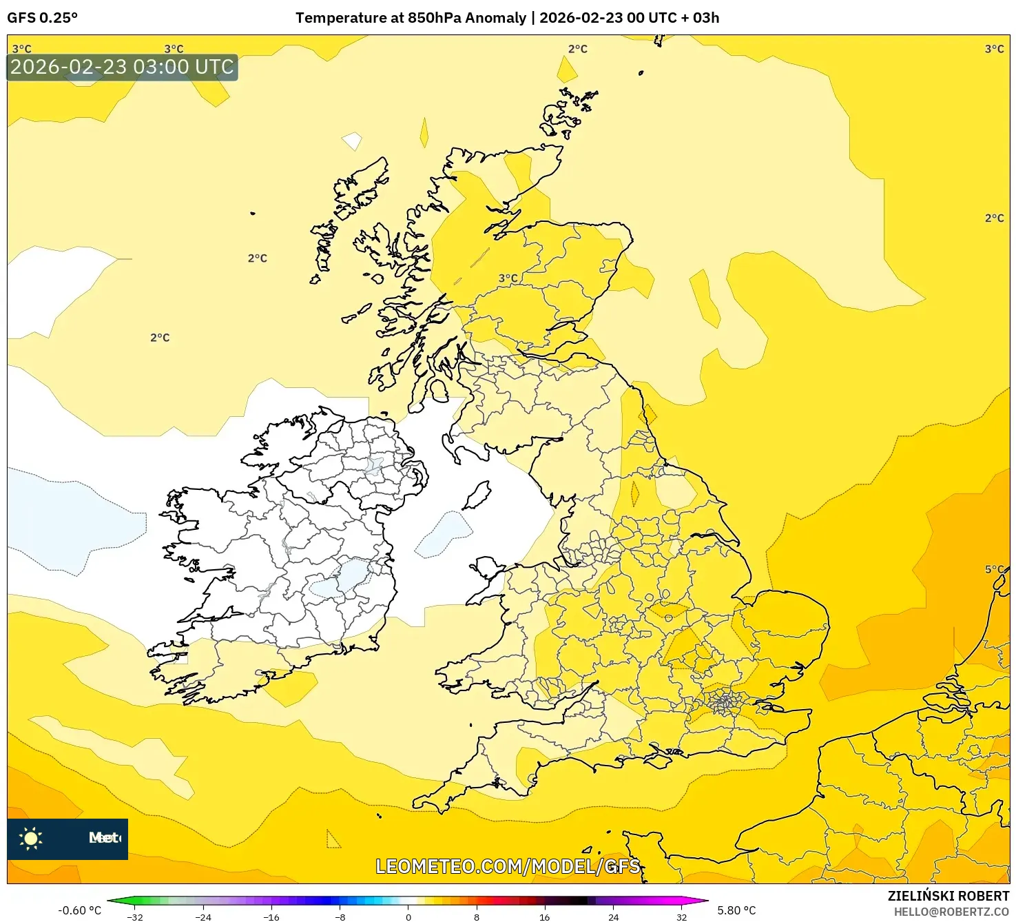 GFS model - المملكة المتحدة, انحراف درجة الحرارة 850 hPa