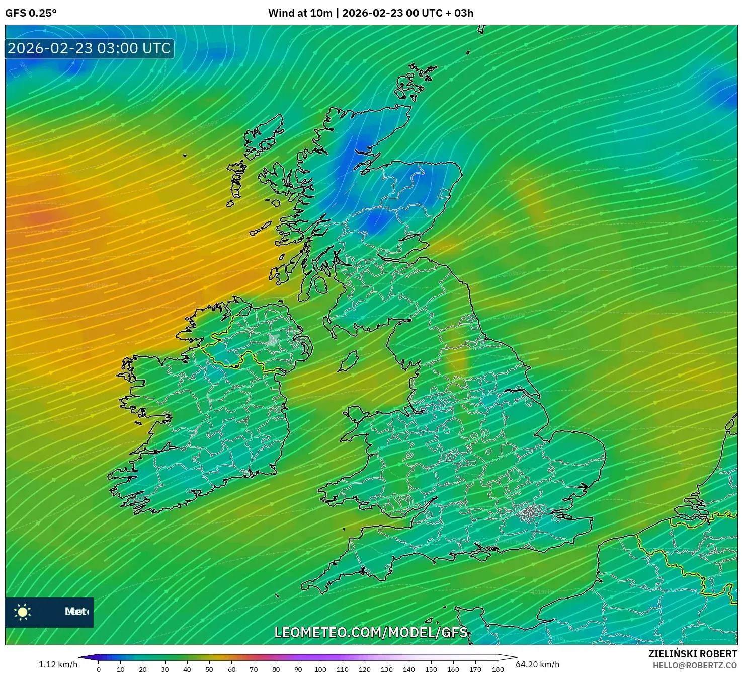 GFS model - المملكة المتحدة, رياح 10 م