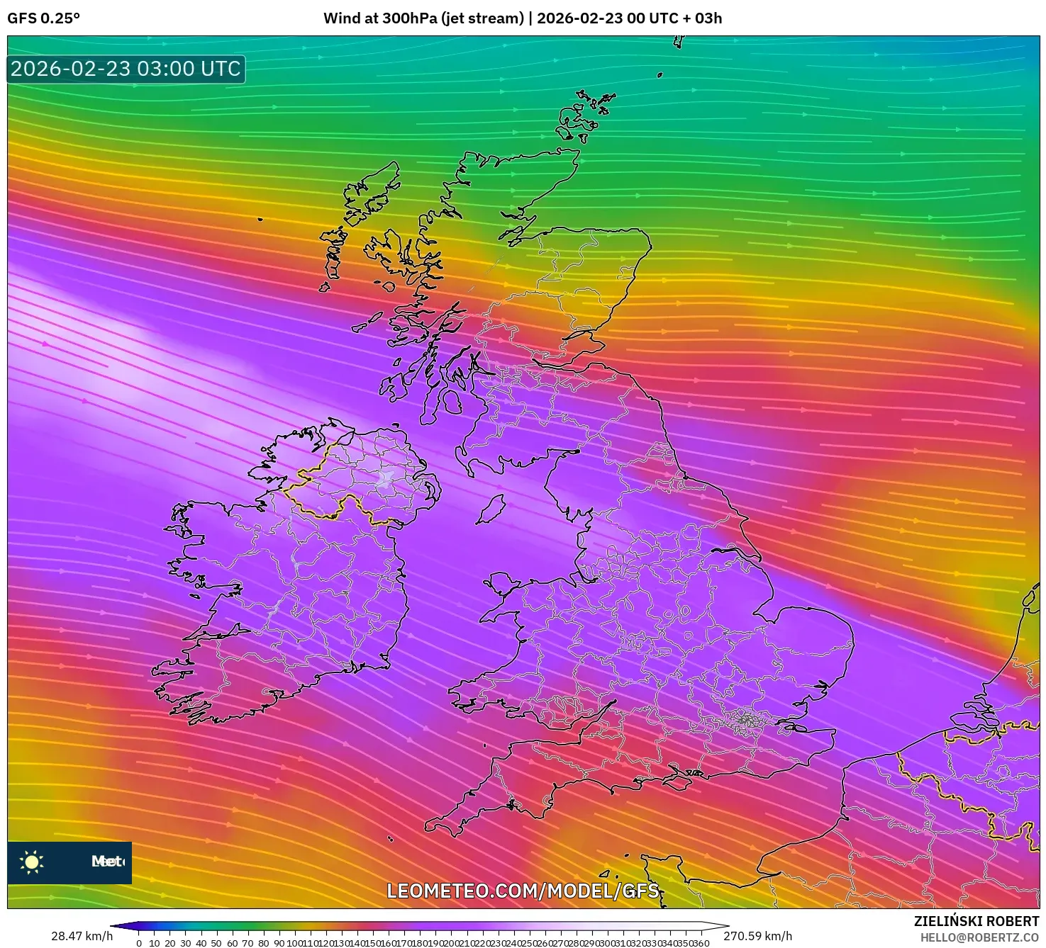 GFS model - المملكة المتحدة, رياح 300 hPa (تيار نفاث)