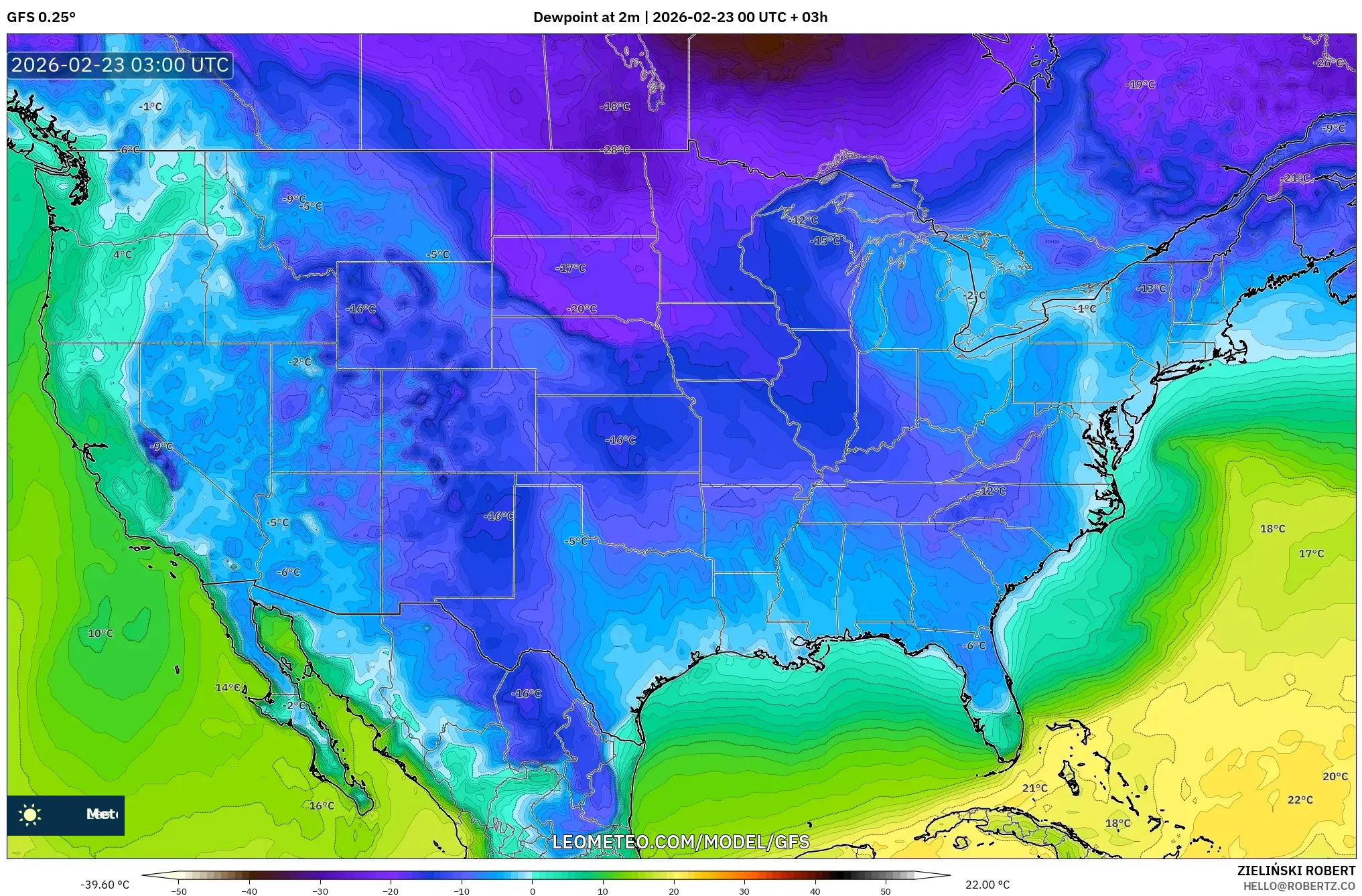 GFS model - الولايات المتحدة, نقطة الندى 2 م