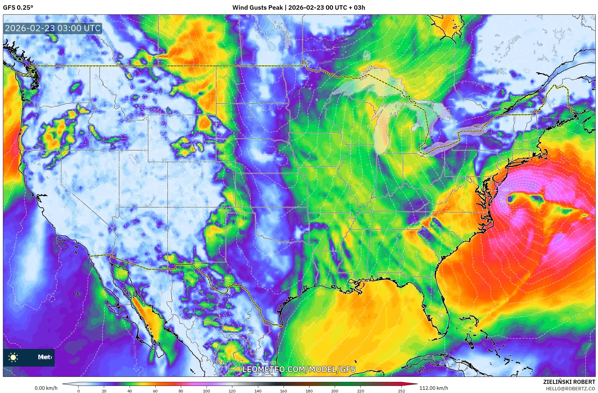 GFS model - الولايات المتحدة, أقصى هبة