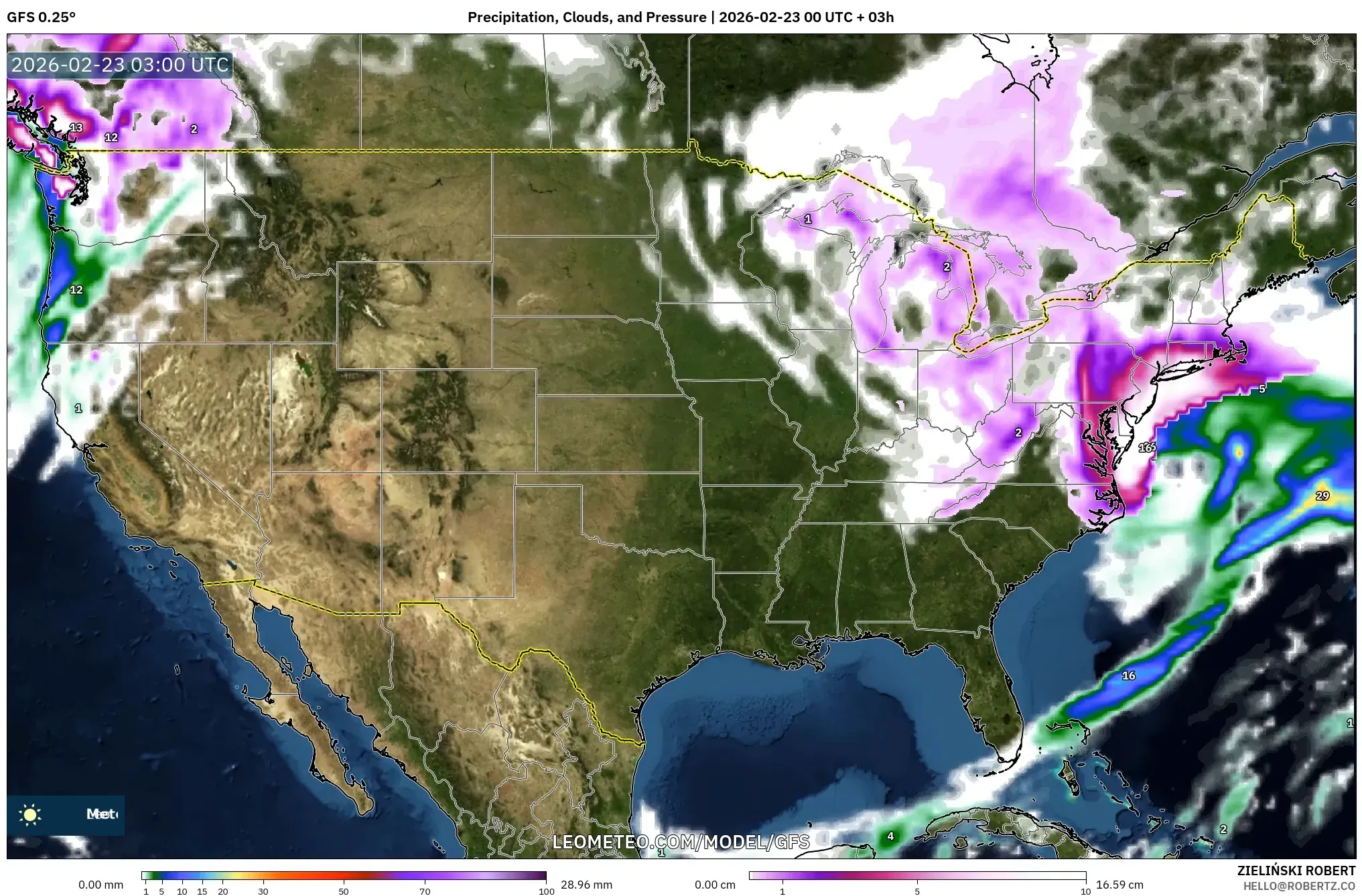 GFS model - الولايات المتحدة, الهطول والغيوم والضغط