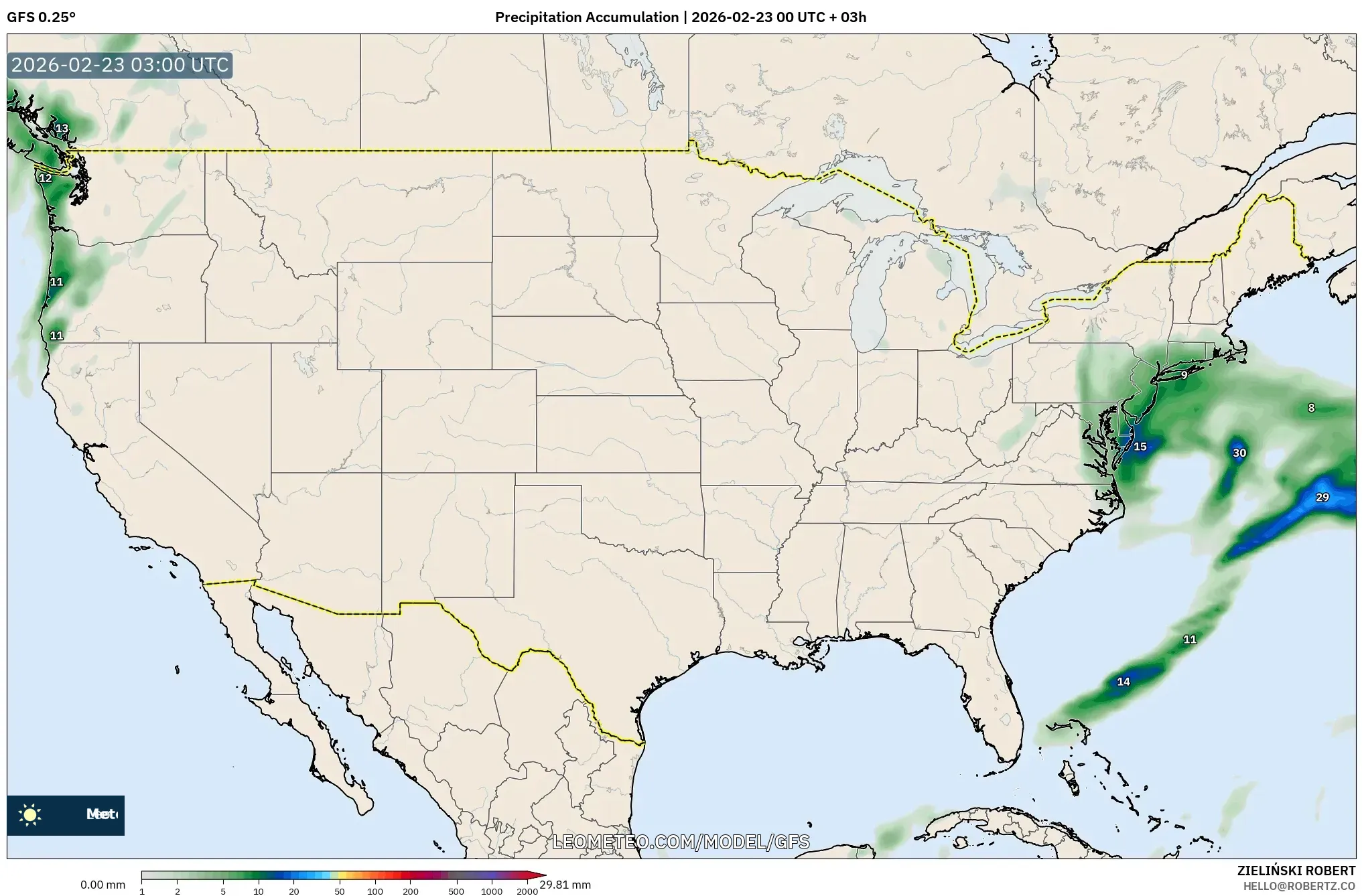 GFS model - الولايات المتحدة, تراكم الهطول