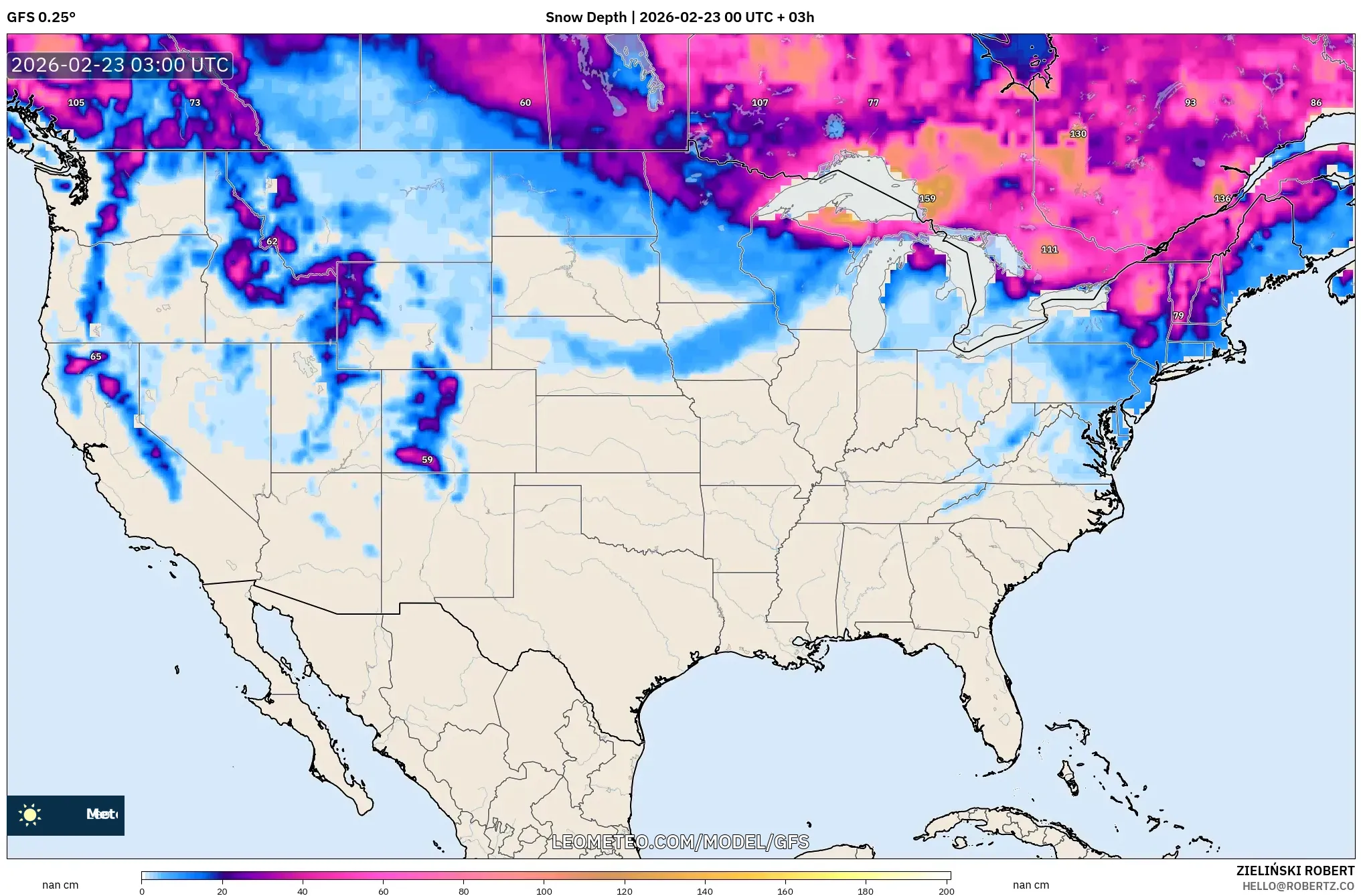 GFS model - الولايات المتحدة, عمق الثلج