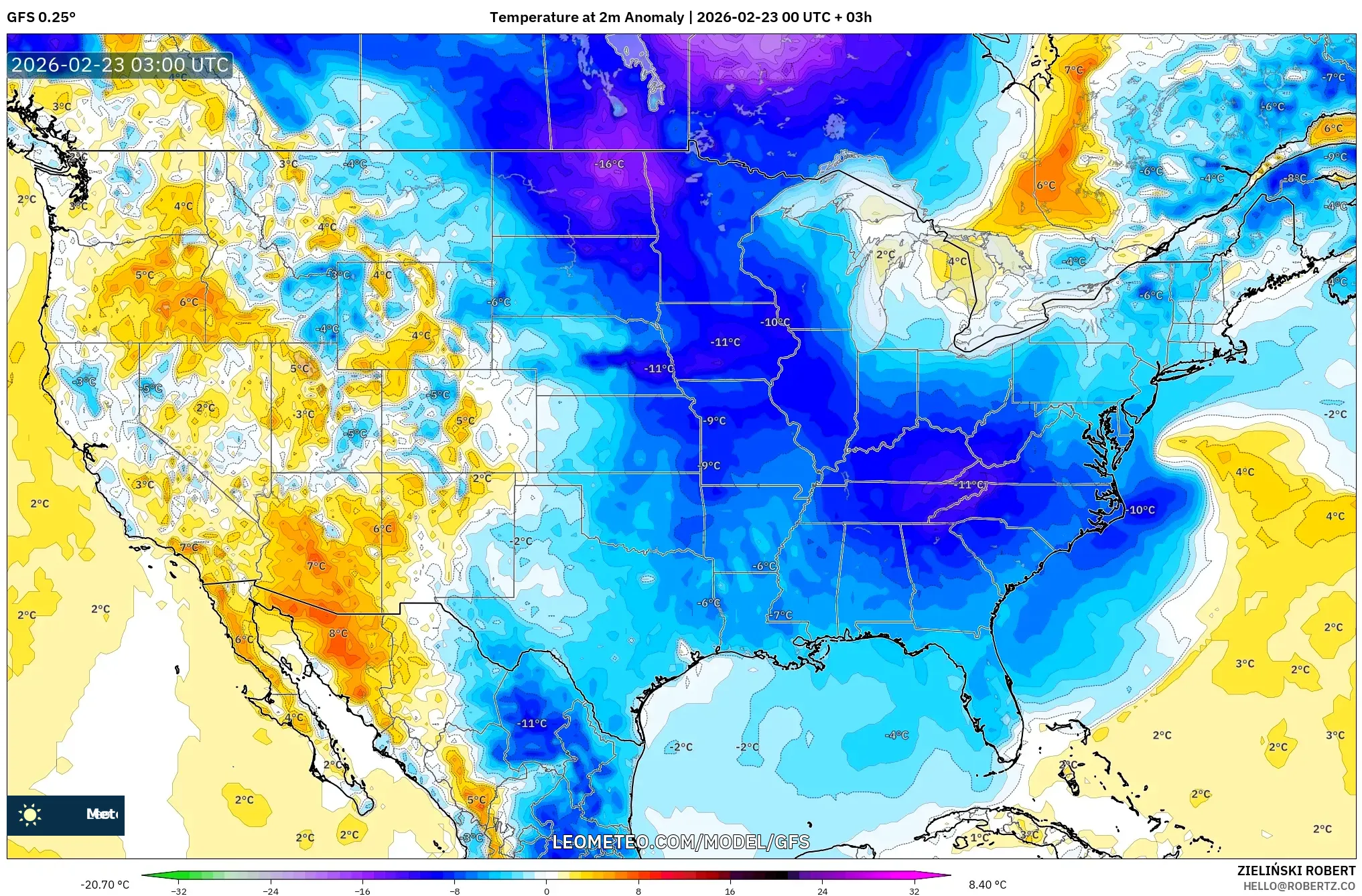 GFS model - الولايات المتحدة, انحراف درجة الحرارة 2 م