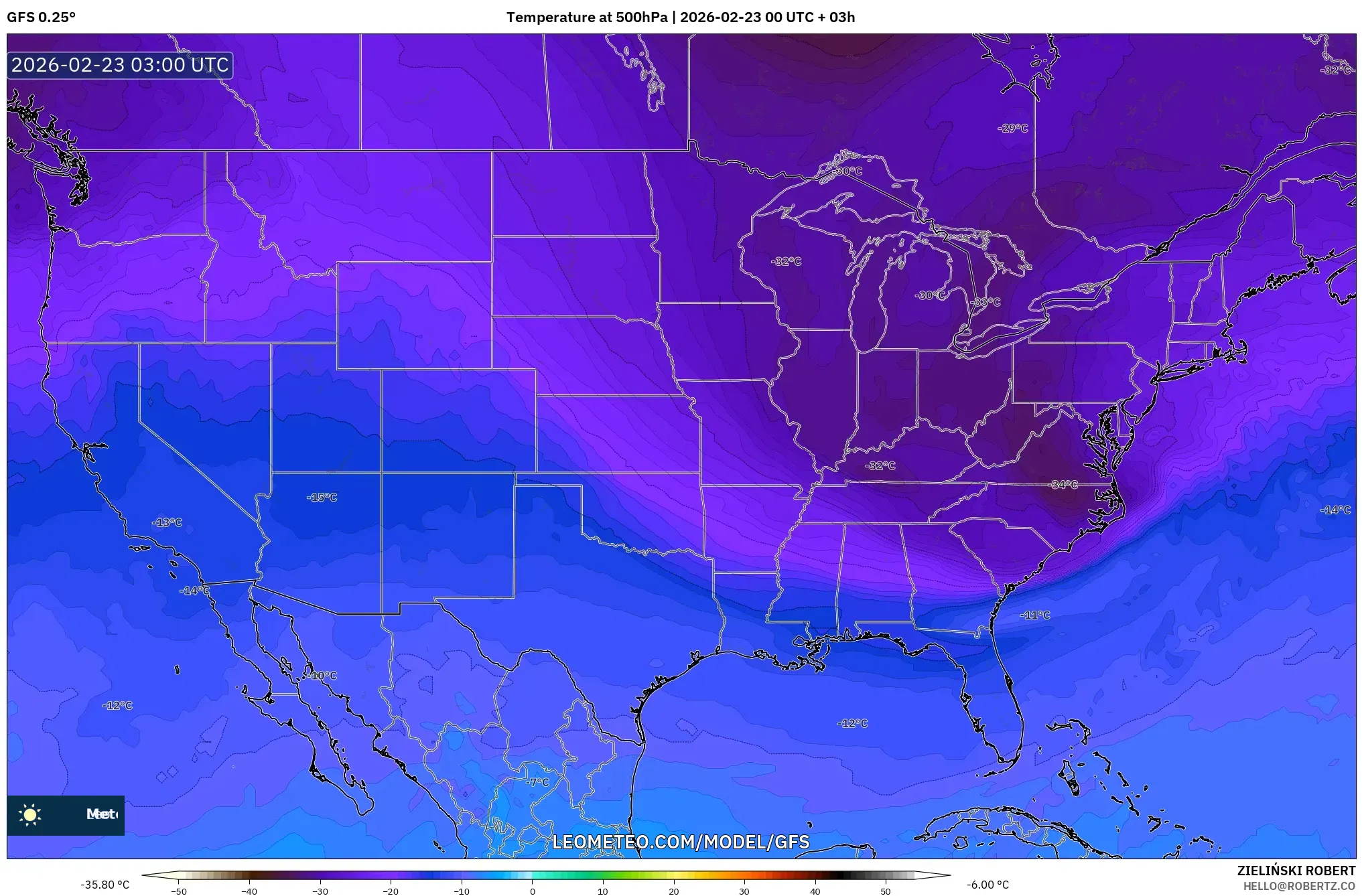GFS model - الولايات المتحدة, درجة الحرارة 500 hPa