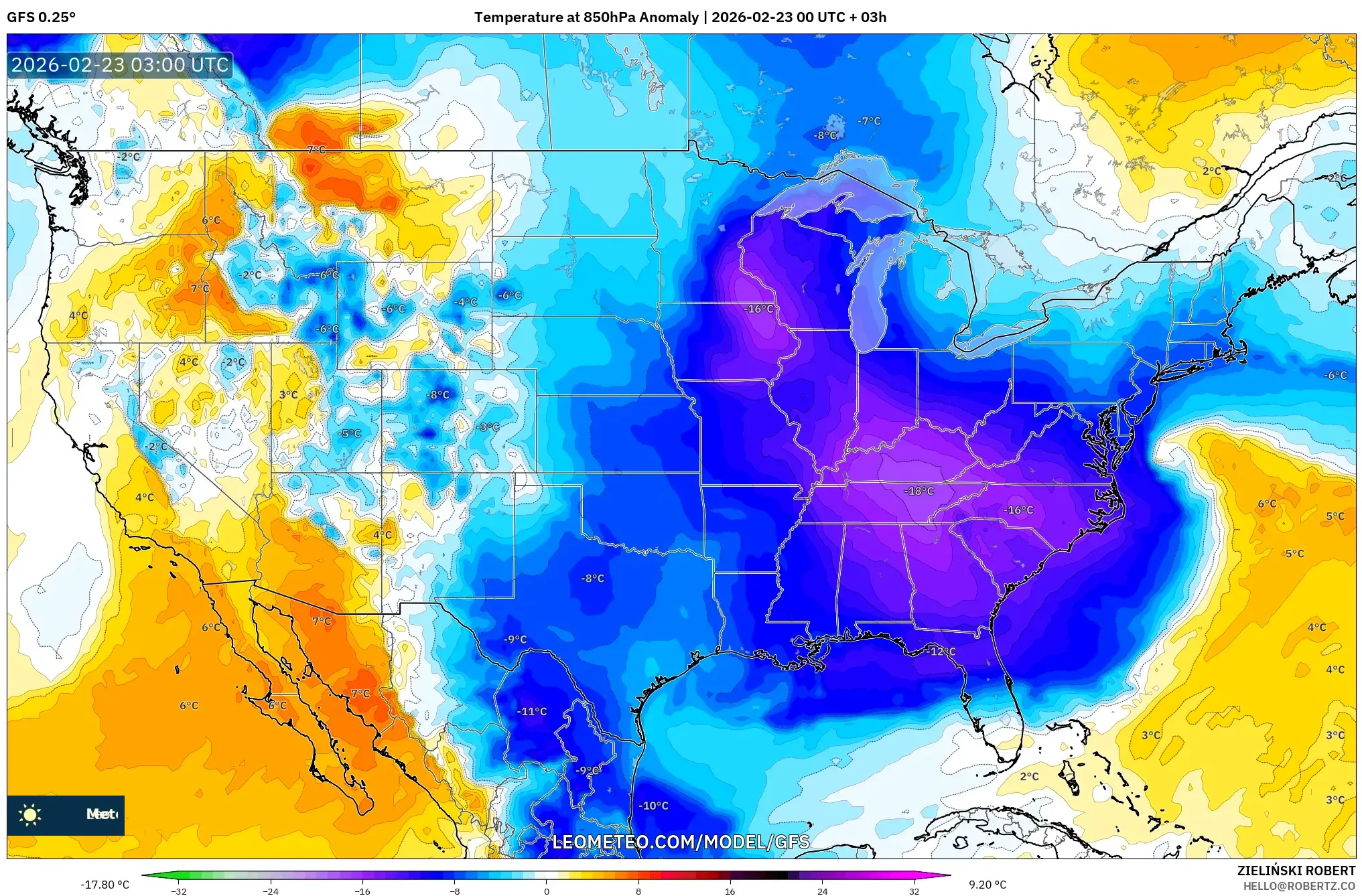GFS model - الولايات المتحدة, انحراف درجة الحرارة 850 hPa