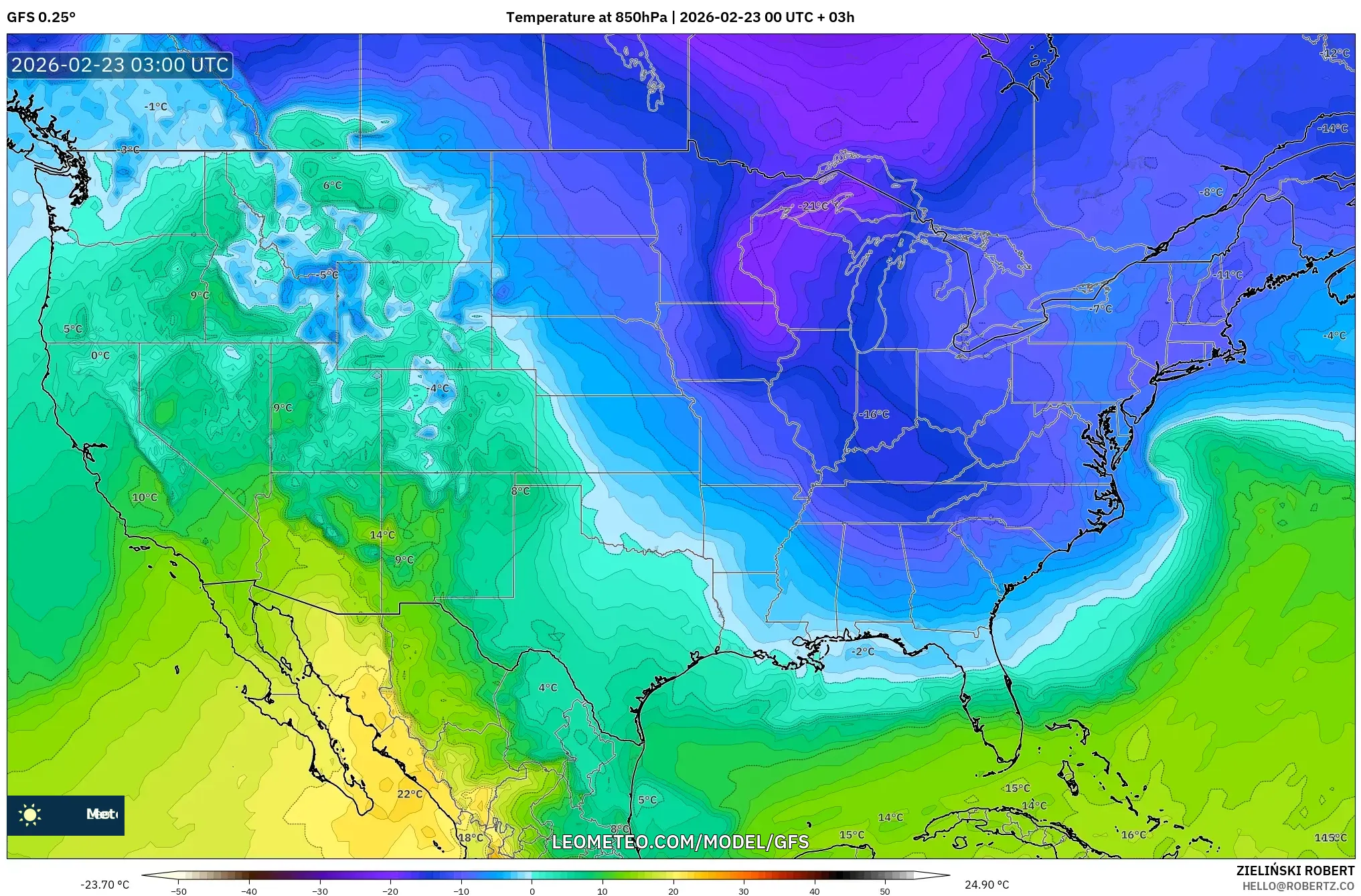 GFS model - الولايات المتحدة, درجة الحرارة 850 hPa