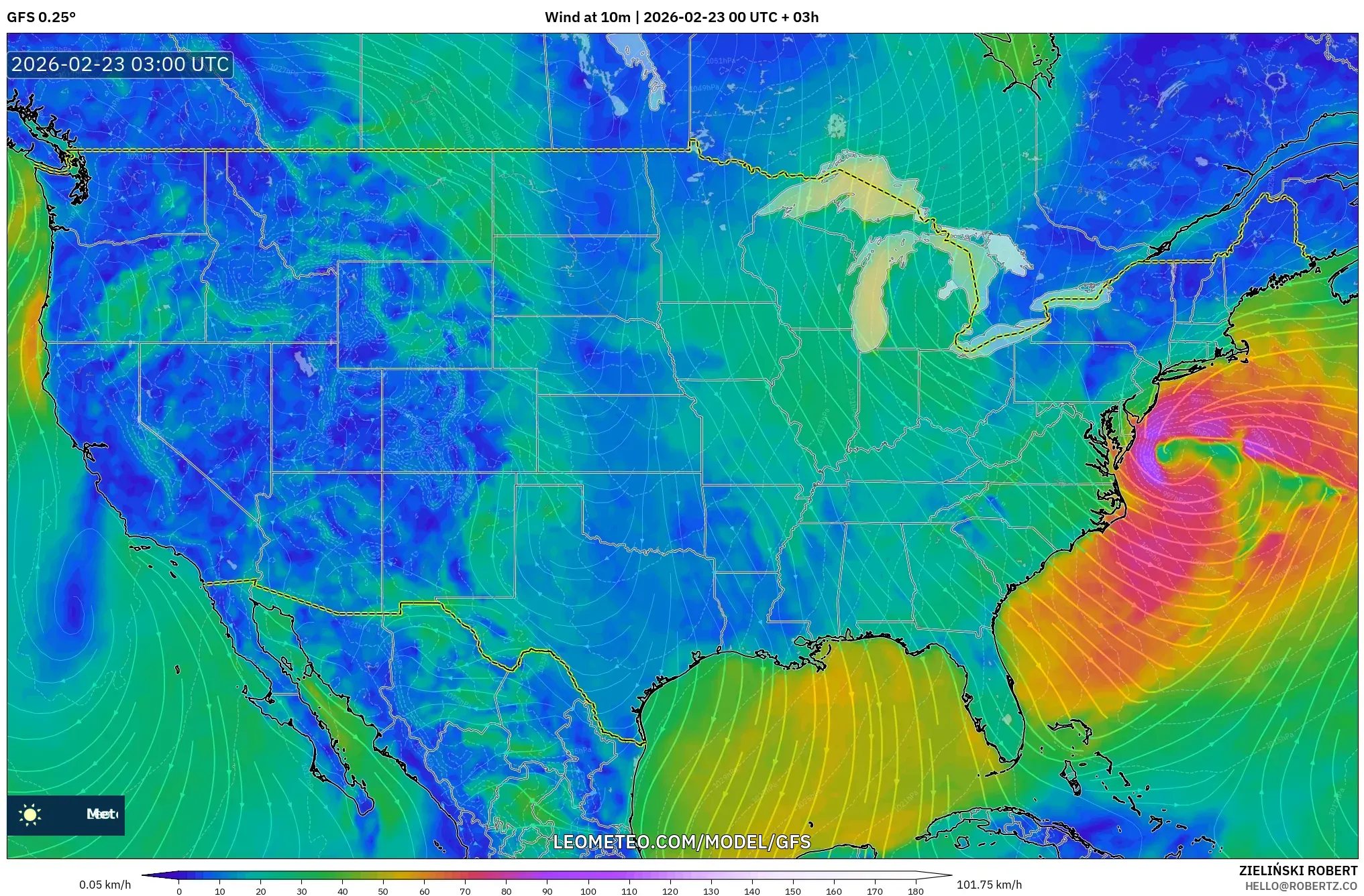 GFS model - الولايات المتحدة, رياح 10 م