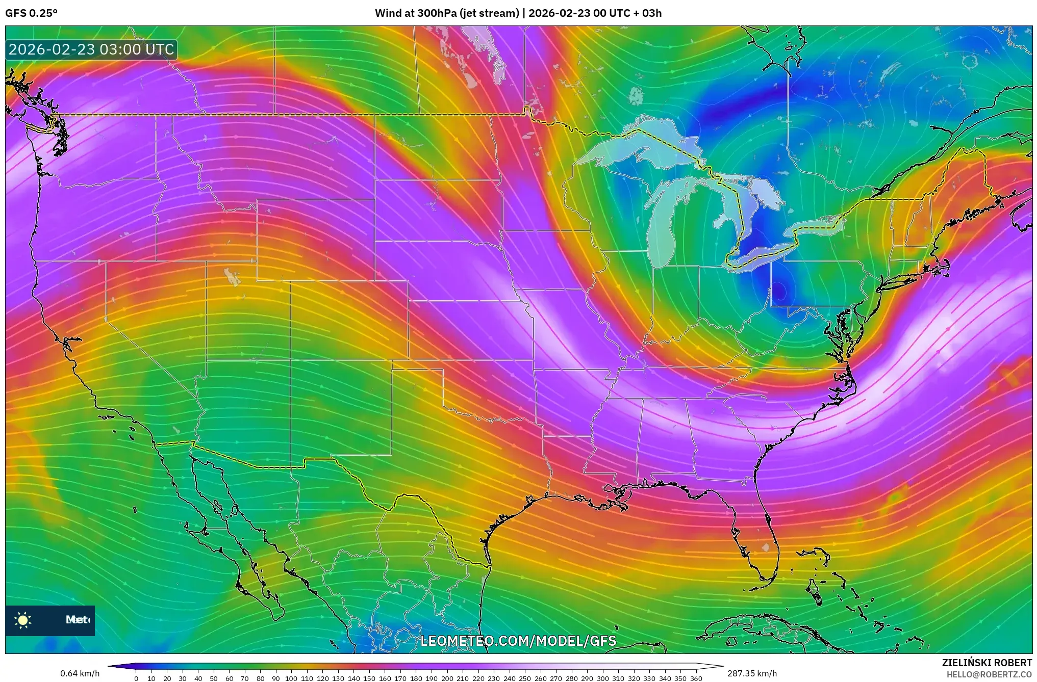 GFS model - الولايات المتحدة, رياح 300 hPa (تيار نفاث)