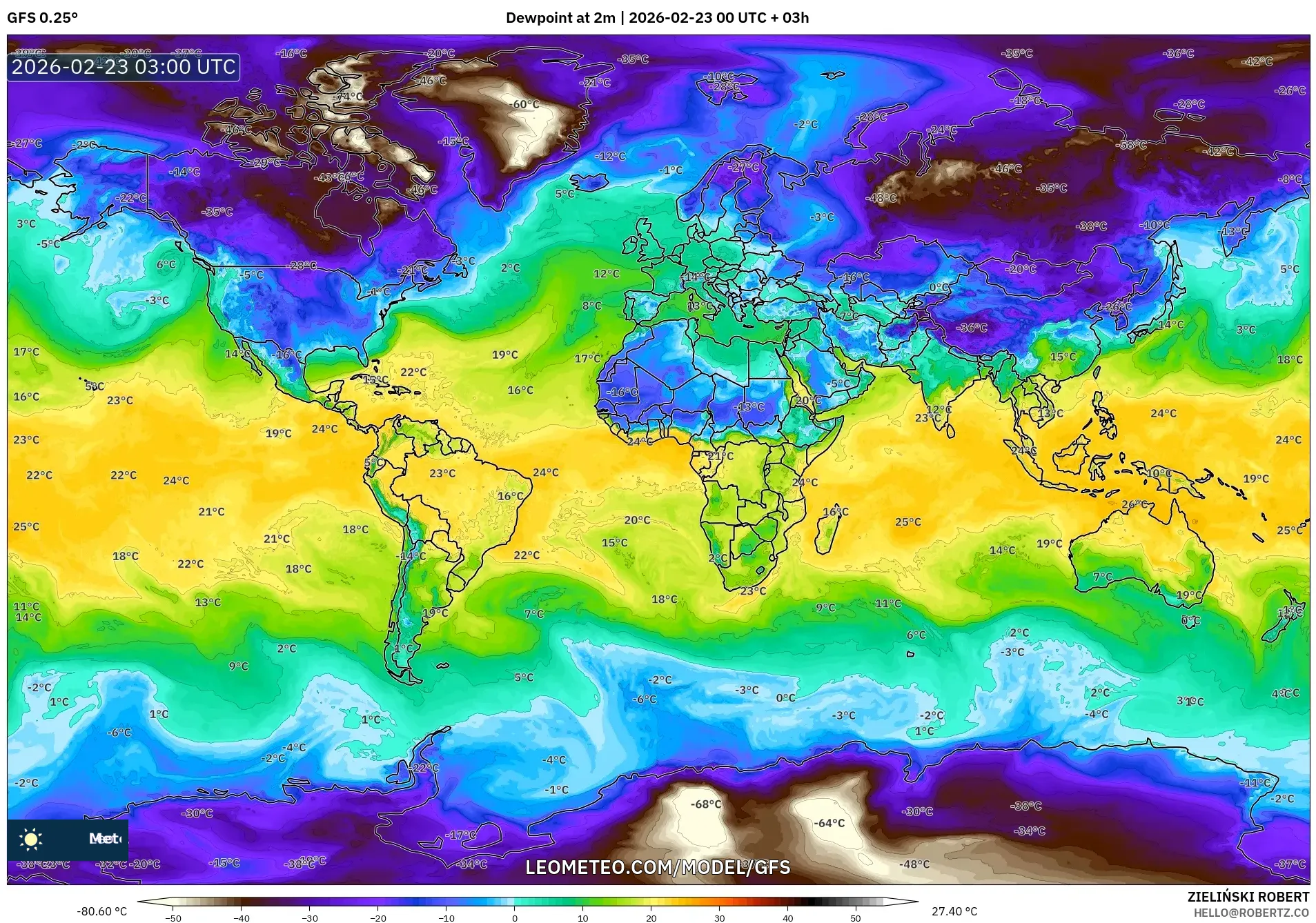 GFS model - العالم, نقطة الندى 2 م