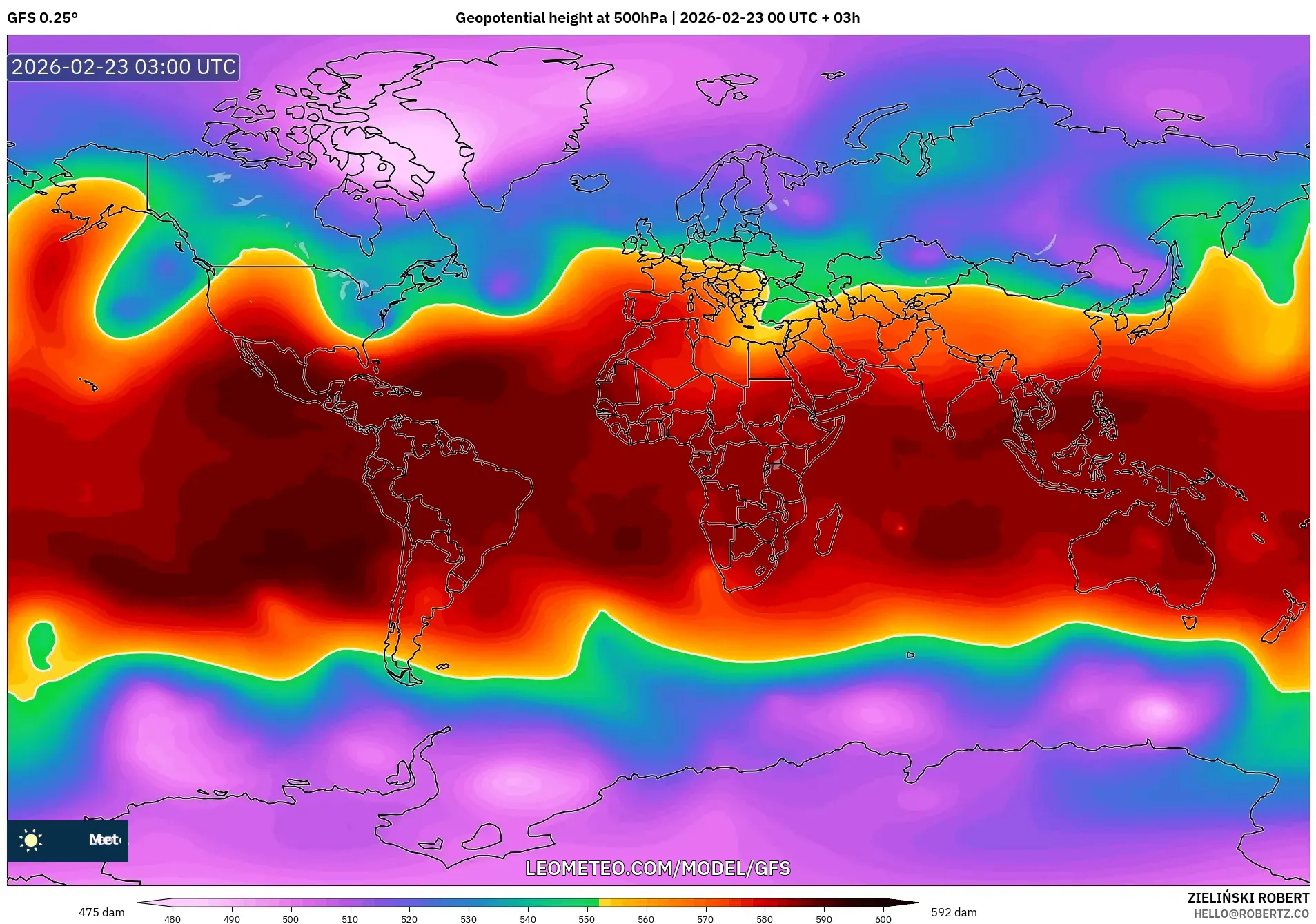 GFS model - العالم, الارتفاع الجهدي عند 500 هكتوباسكال