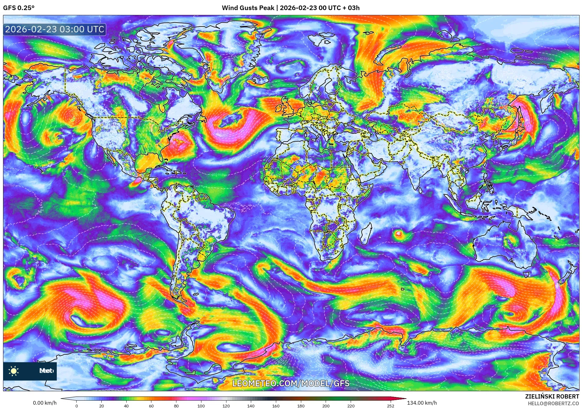 GFS model - العالم, أقصى هبة
