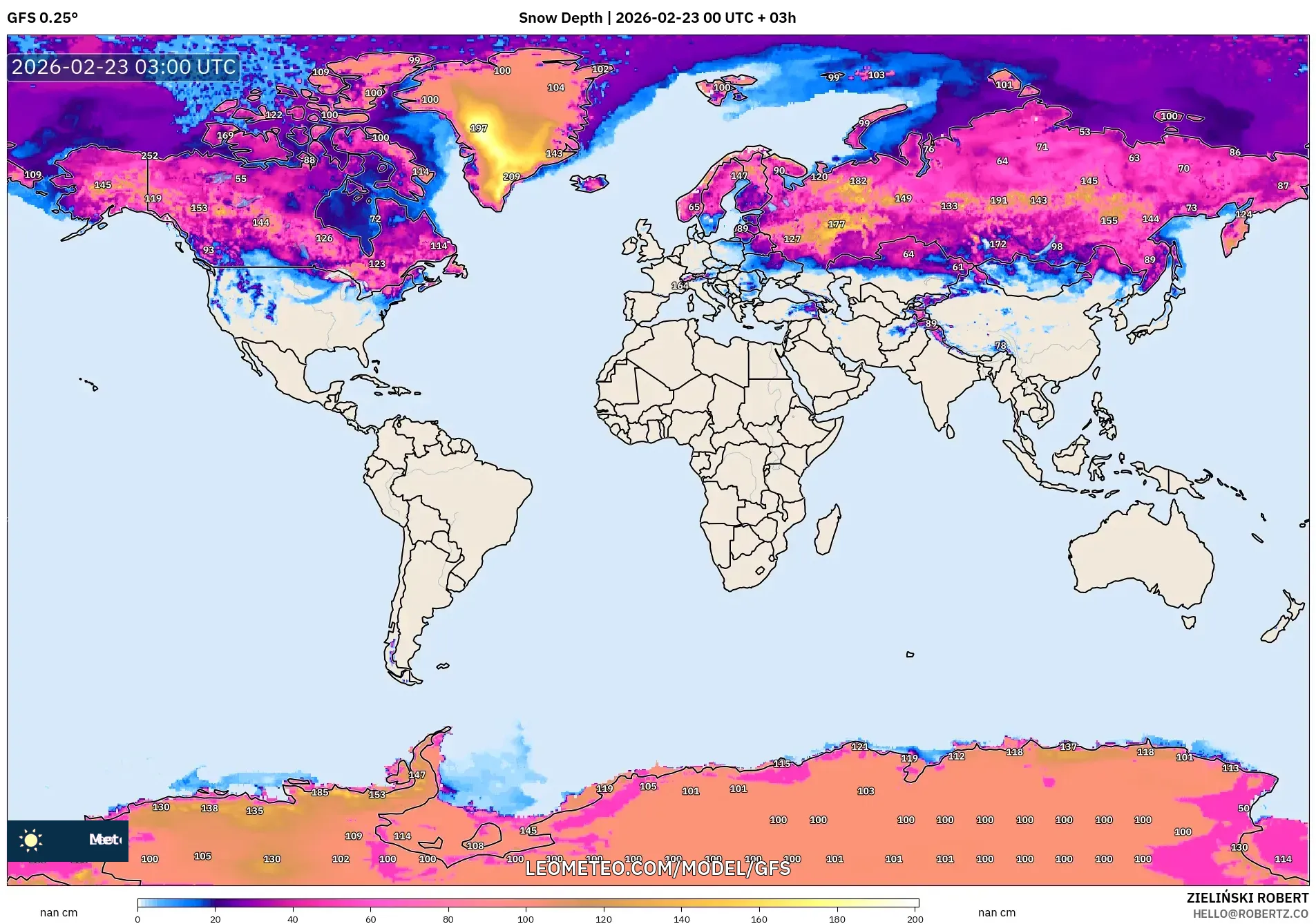 GFS model - العالم, عمق الثلج