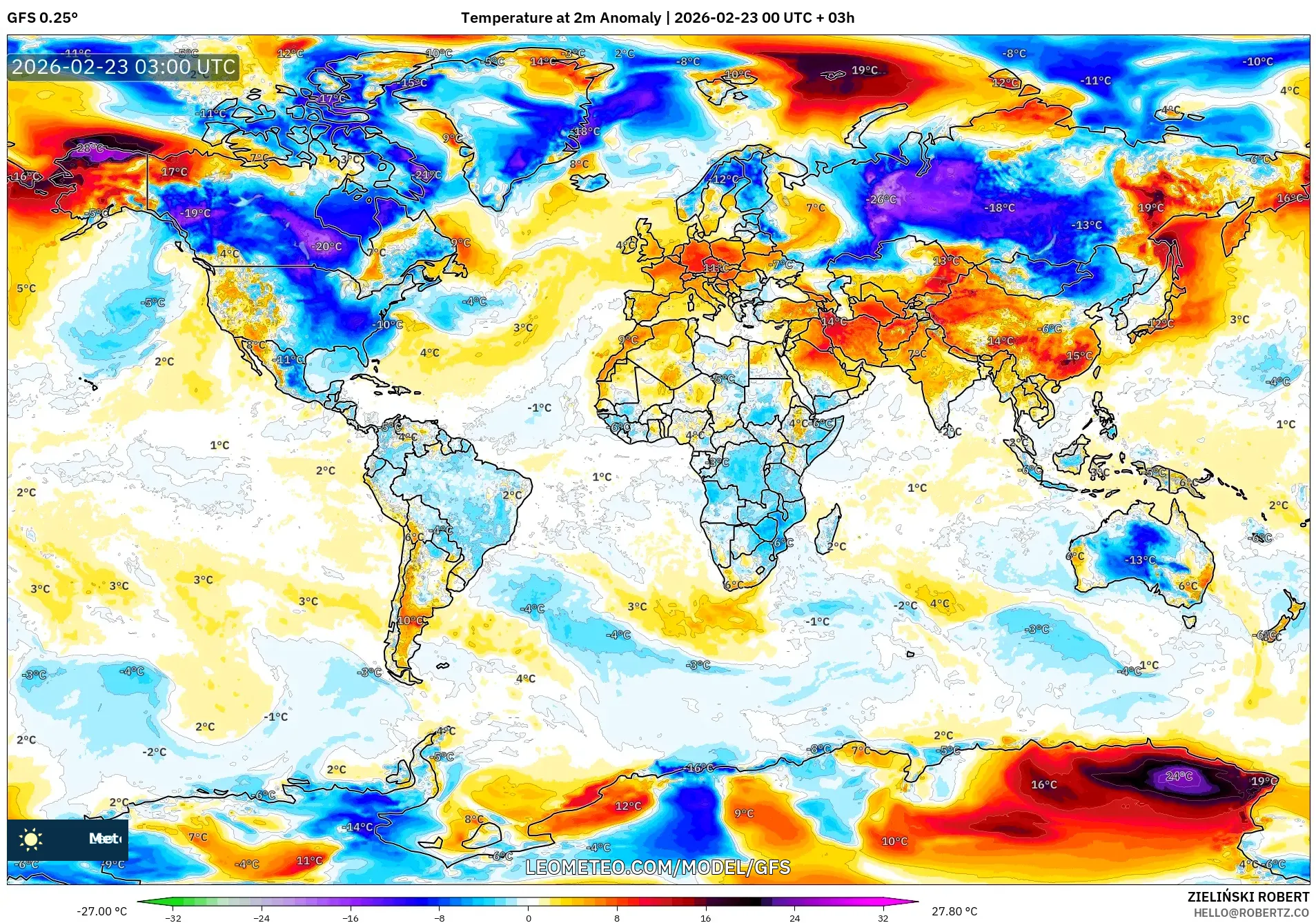 GFS model - العالم, انحراف درجة الحرارة 2 م