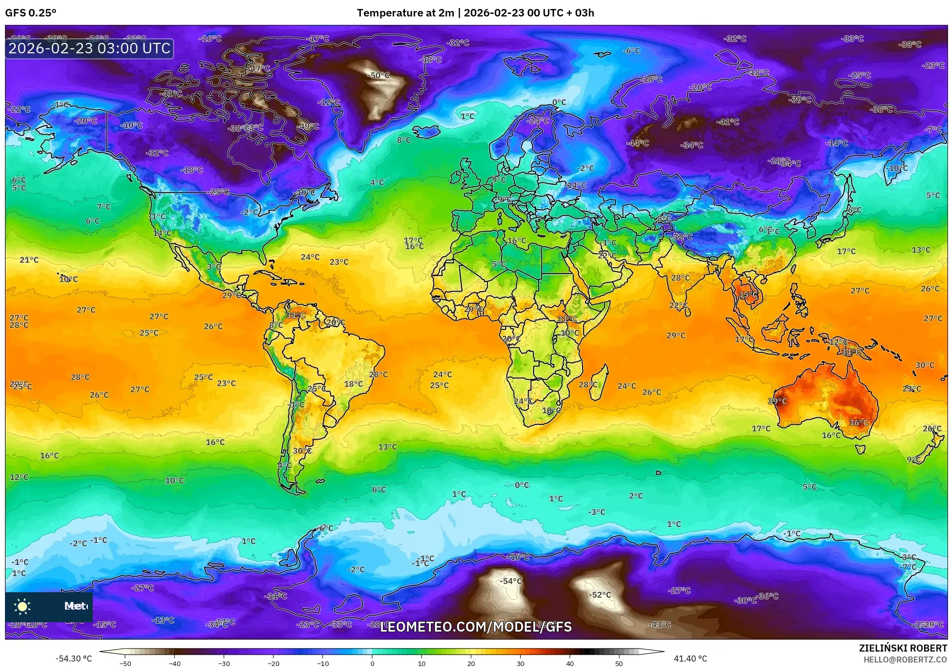 GFS model - العالم, درجة الحرارة على ارتفاع 2 م