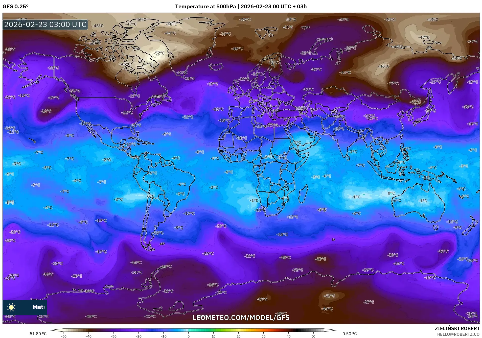 GFS model - العالم, درجة الحرارة 500 hPa