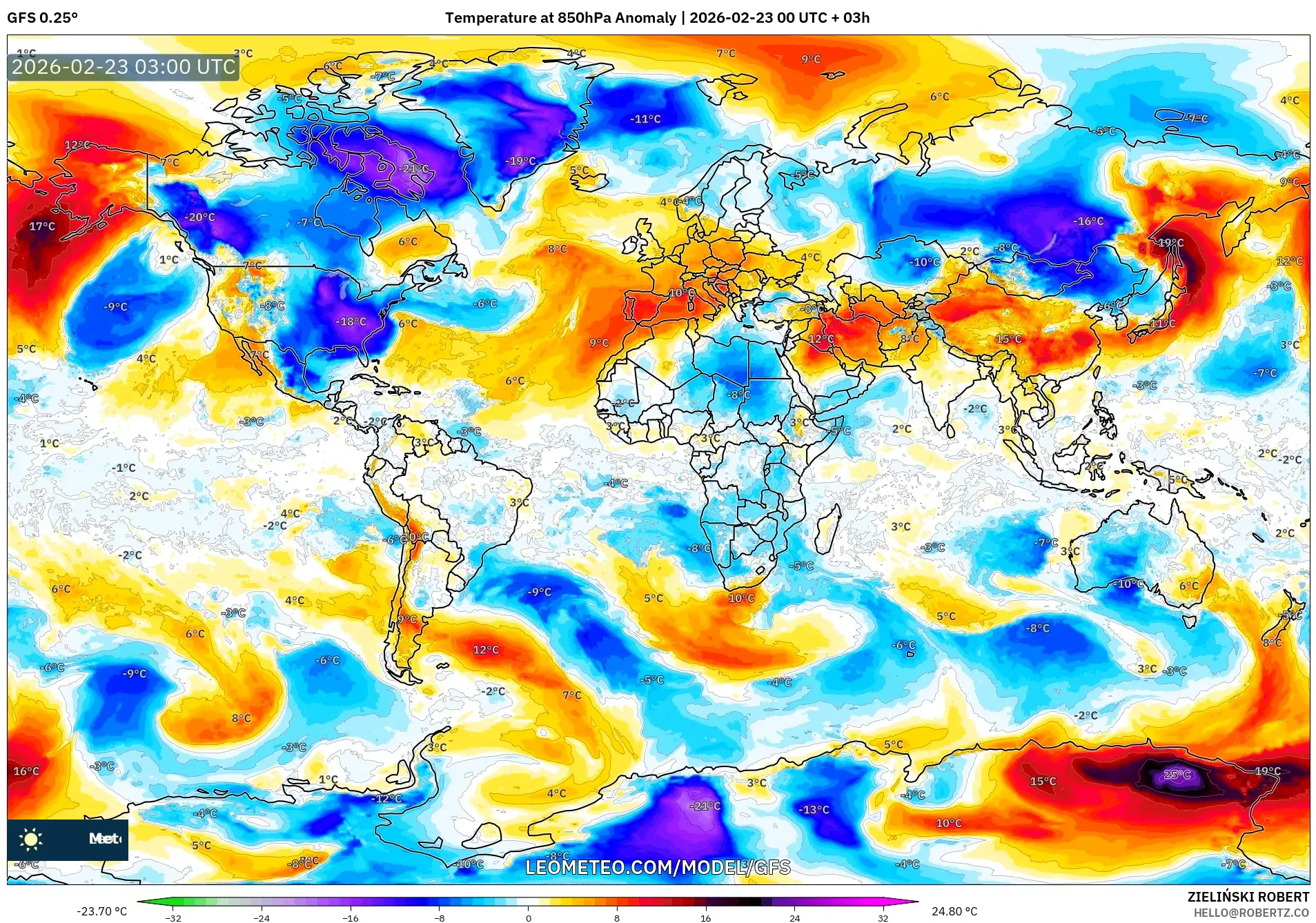 GFS model - العالم, انحراف درجة الحرارة 850 hPa