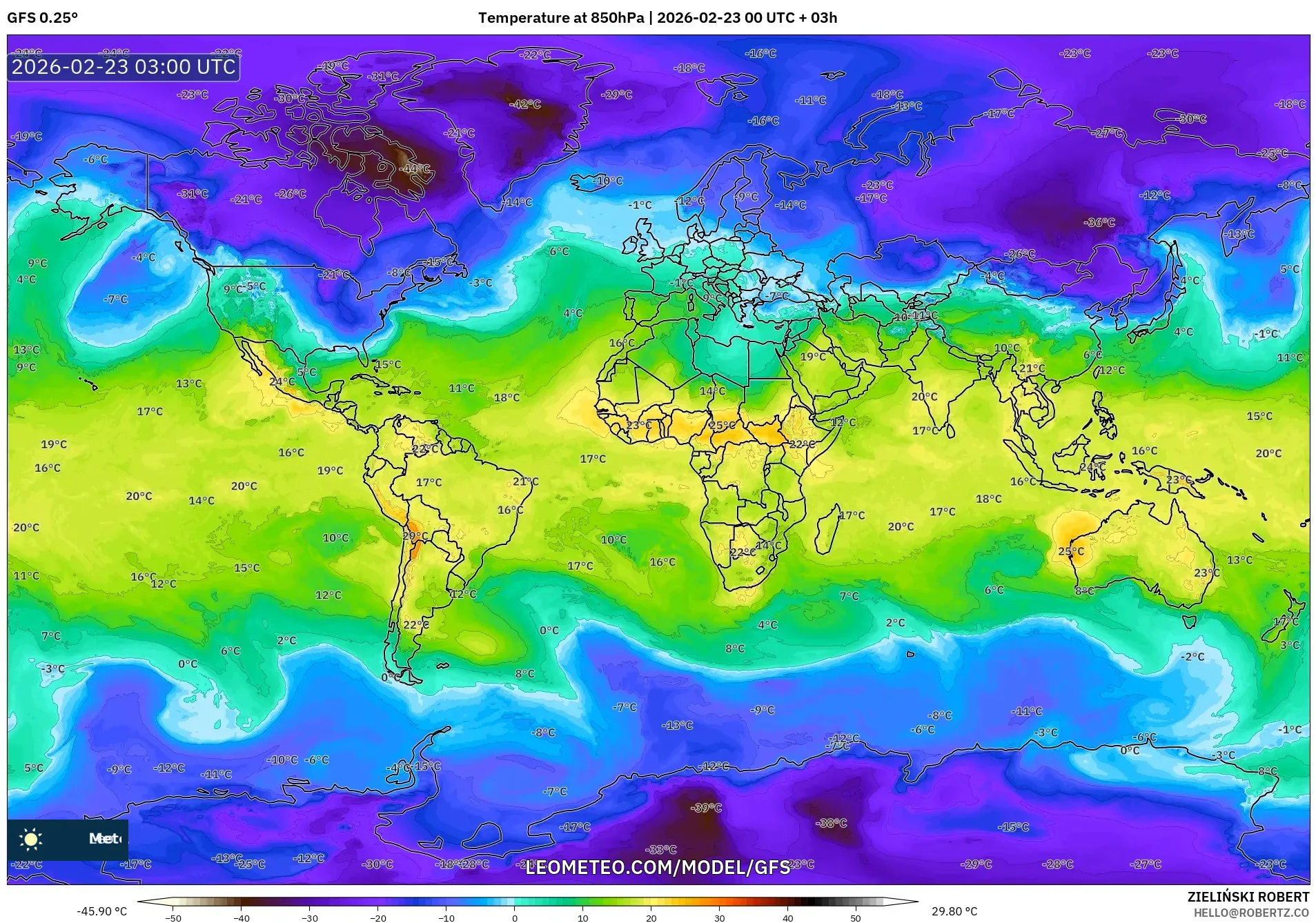 GFS model - العالم, درجة الحرارة 850 hPa