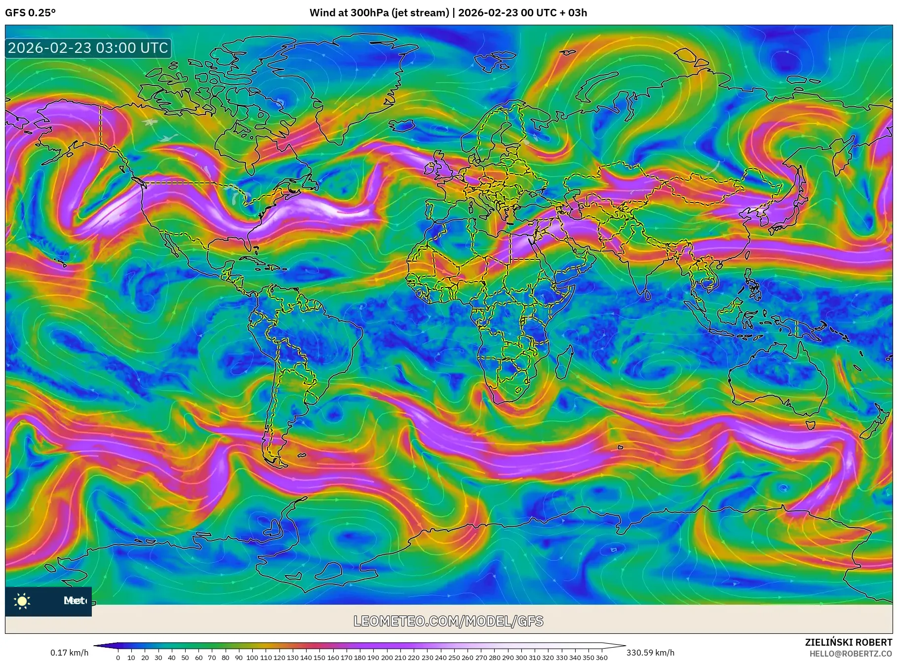 GFS model - العالم, رياح 300 hPa (تيار نفاث)