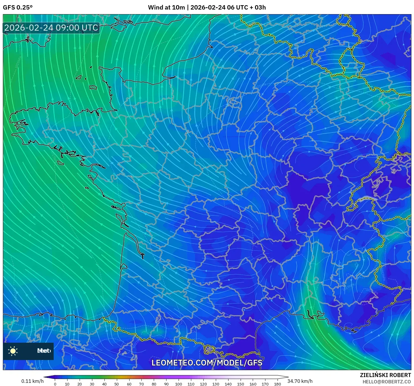 GFS model - France, Wind at 10m