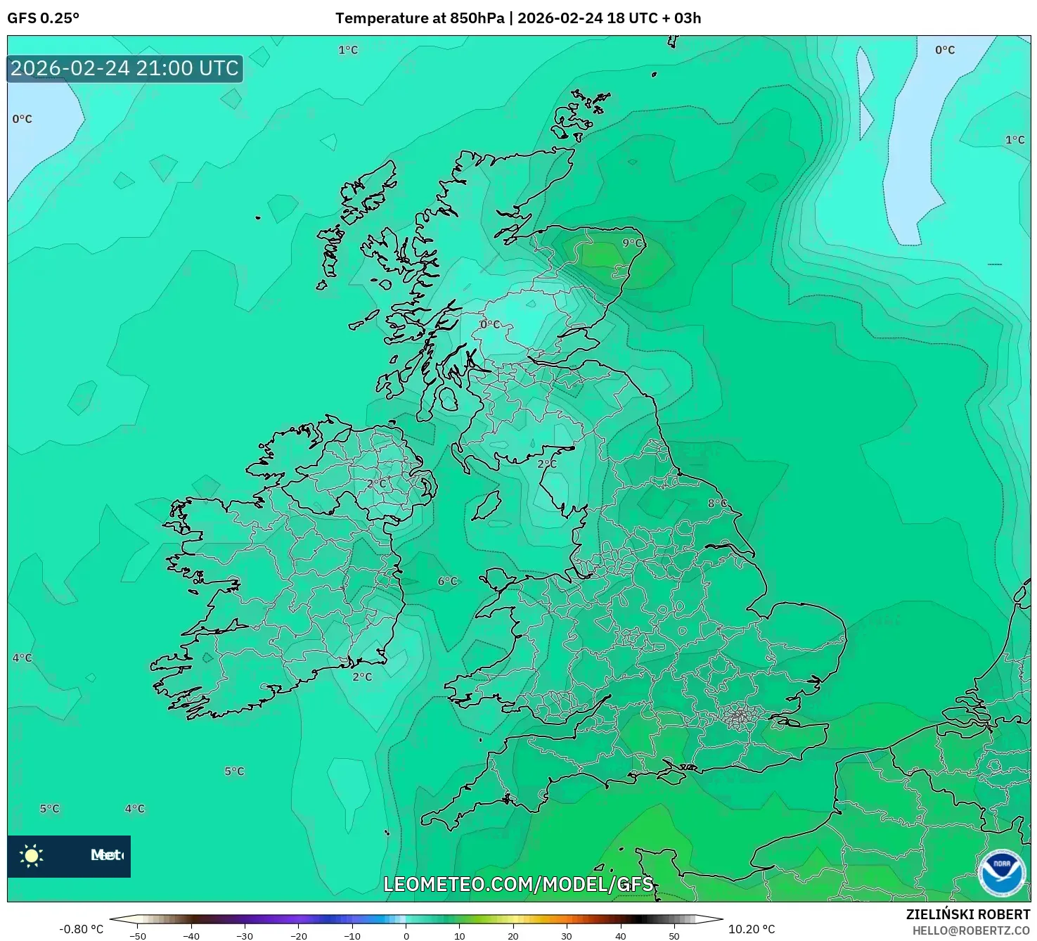 GFS model - United Kingdom, Temperature at 850hPa