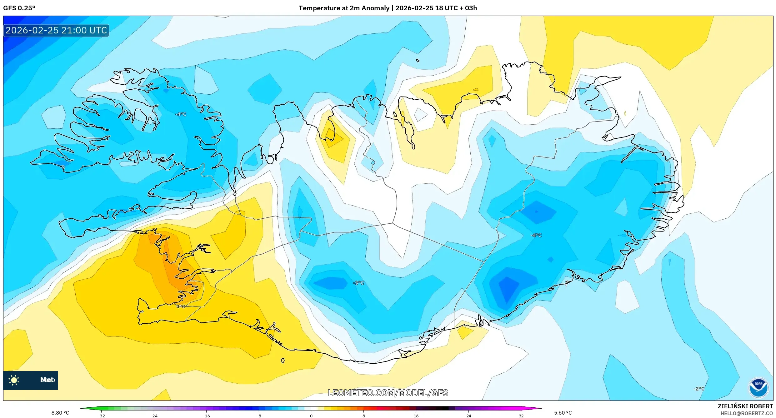 GFS model - Iceland, Temperature at 2m Anomaly