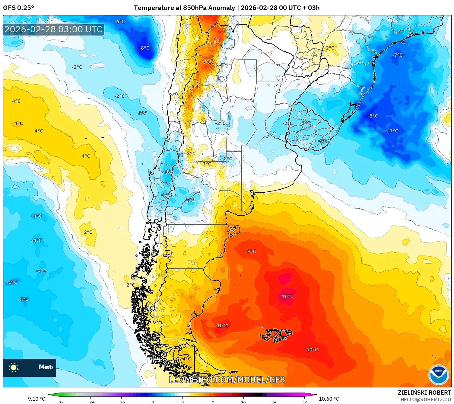 GFS model - Argentina, Temperature at 850hPa Anomaly