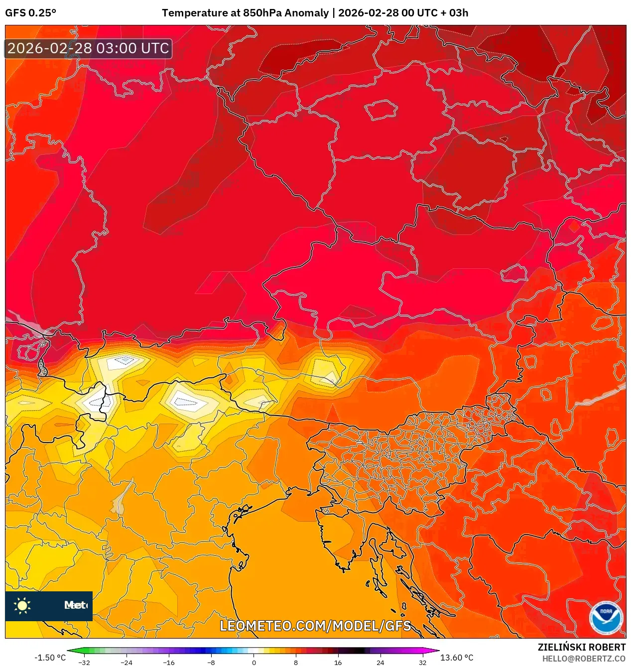 GFS model - Austria, Temperature at 850hPa Anomaly